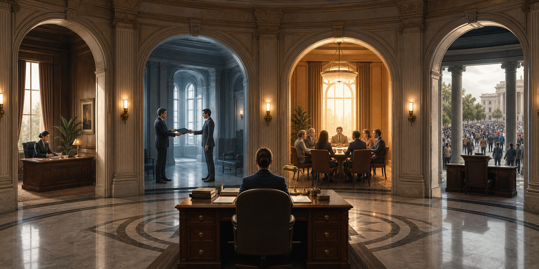 A government chamber opens into four doorways showing continuity, a leadership handover, negotiation and an empty office facing the public.
