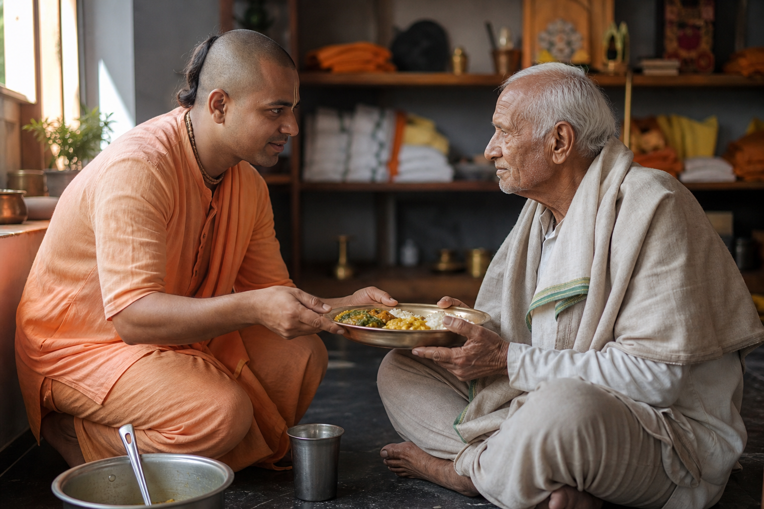 A practitioner serves a meal to an elderly guest in a community kitchen while ceremonial items remain out of focus behind them.