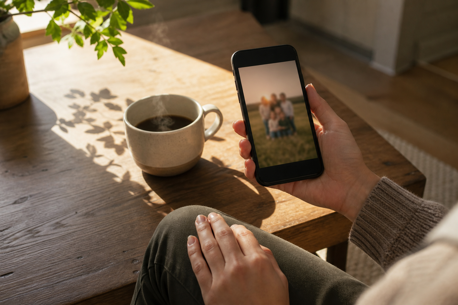 A person holds a still smartphone over their knee beside a steaming cup in warm morning light.