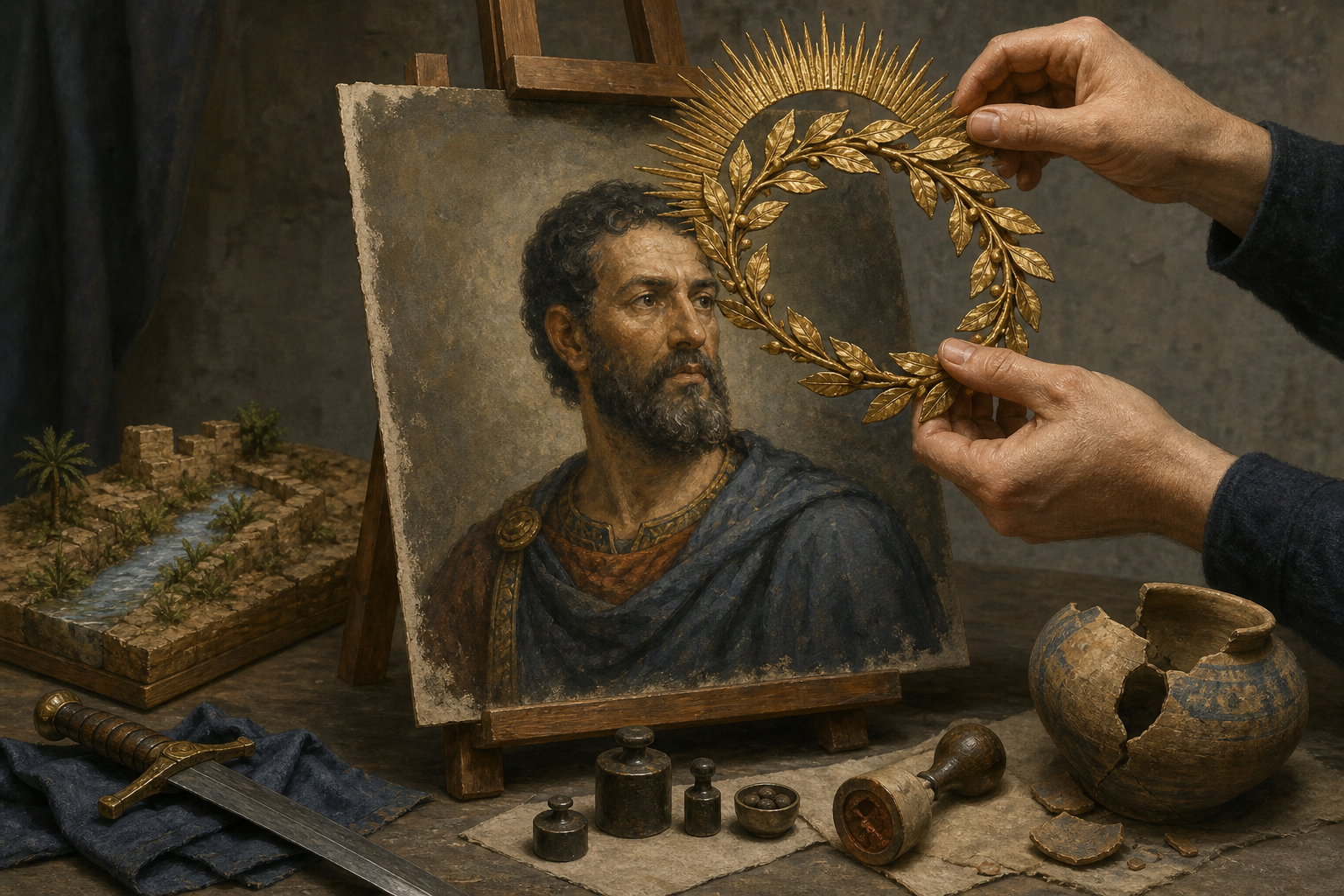 An editor removes a gilded laurel and halo from a ruler's portrait while artifacts of war, government, and daily life remain nearby.