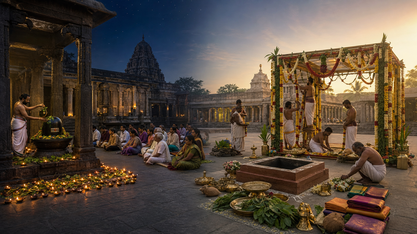 A temple scene transitions from a nighttime Shivaratri vigil at a Shiva lingam to morning preparations for a wedding ceremony.