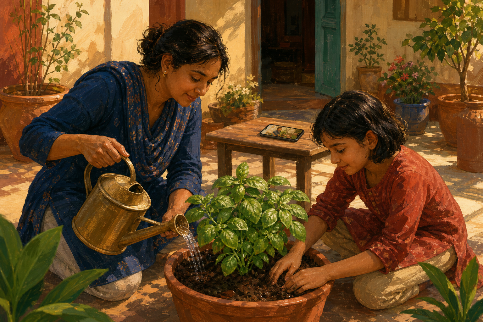 An adult and a child care for a potted basil plant while a smartphone with a blurred family image rests in the background.