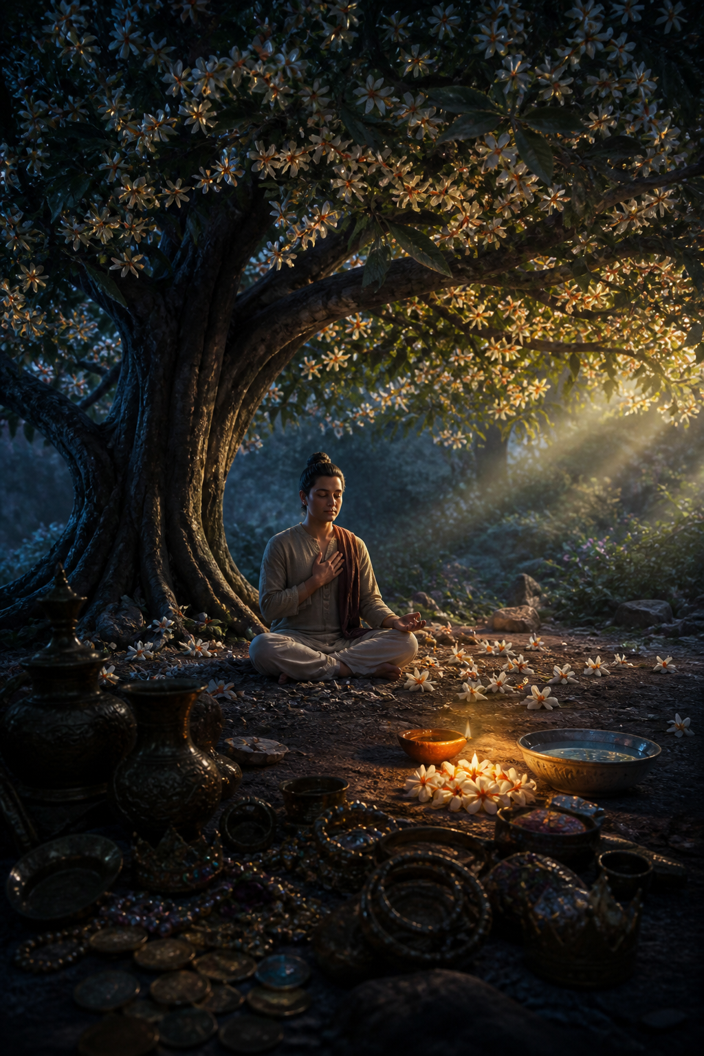 A contemplative person sits beneath a flowering Parijata tree while riches remain in shadow and fallen blossoms glow beside a lamp and water bowl.