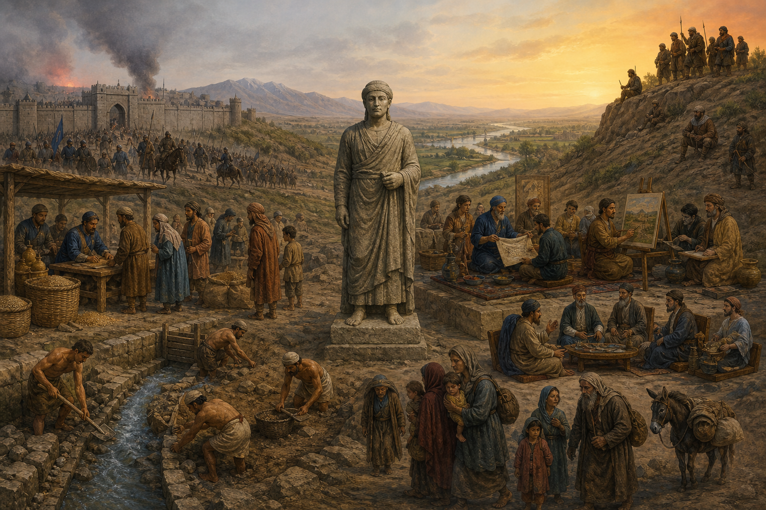 A neutral statue of a ruler overlooks scenes of warfare, taxation, irrigation, scholarship, diplomacy, displacement, and resistance.