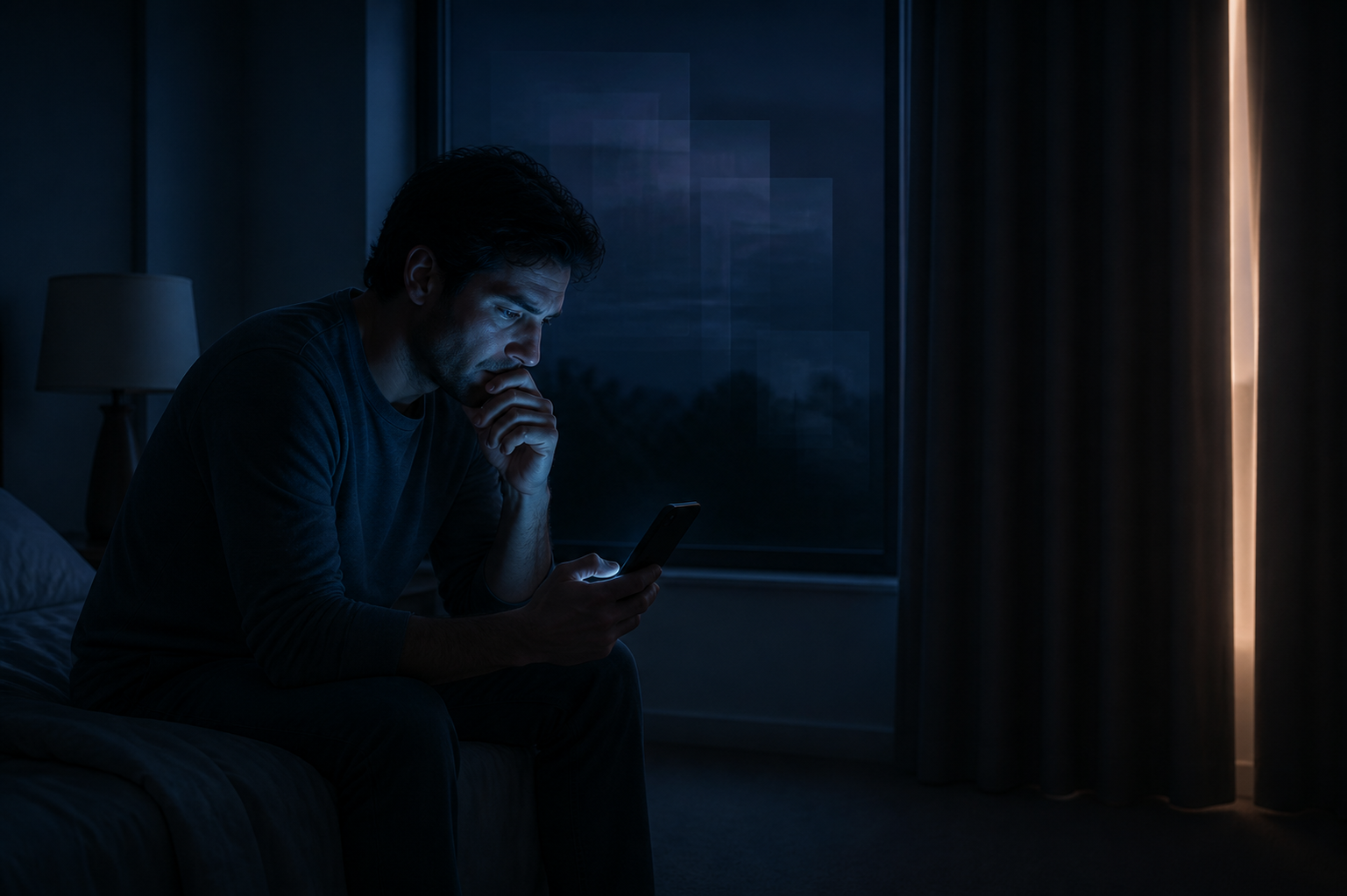 A tired adult sits on the edge of a bed at night, lit by a smartphone as repeated rectangular reflections appear in the window.
