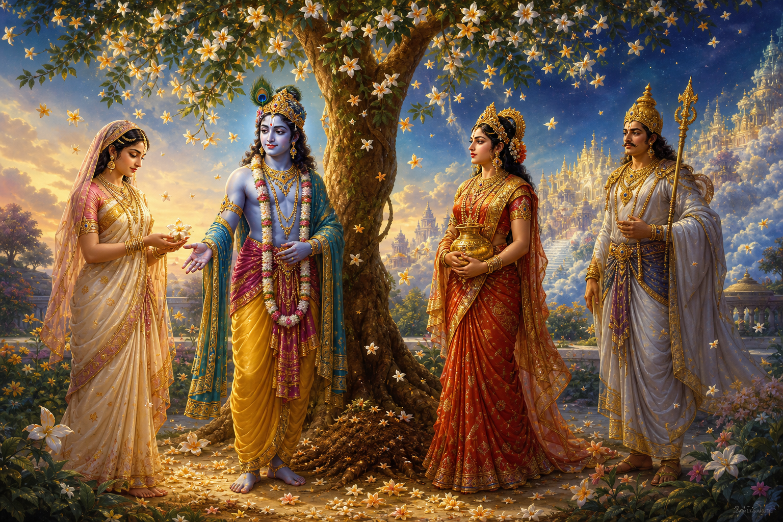 Krishna, Satyabhama, Rukmini, and Indra stand around a flowering Parijata tree in distinct poses of mediation, resolve, receptivity, and guardianship.