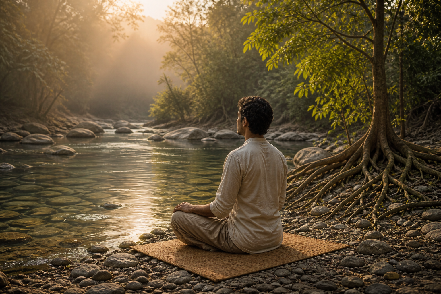 A person meditates on a woven mat beside a clear stream and a deeply rooted tree at dawn.