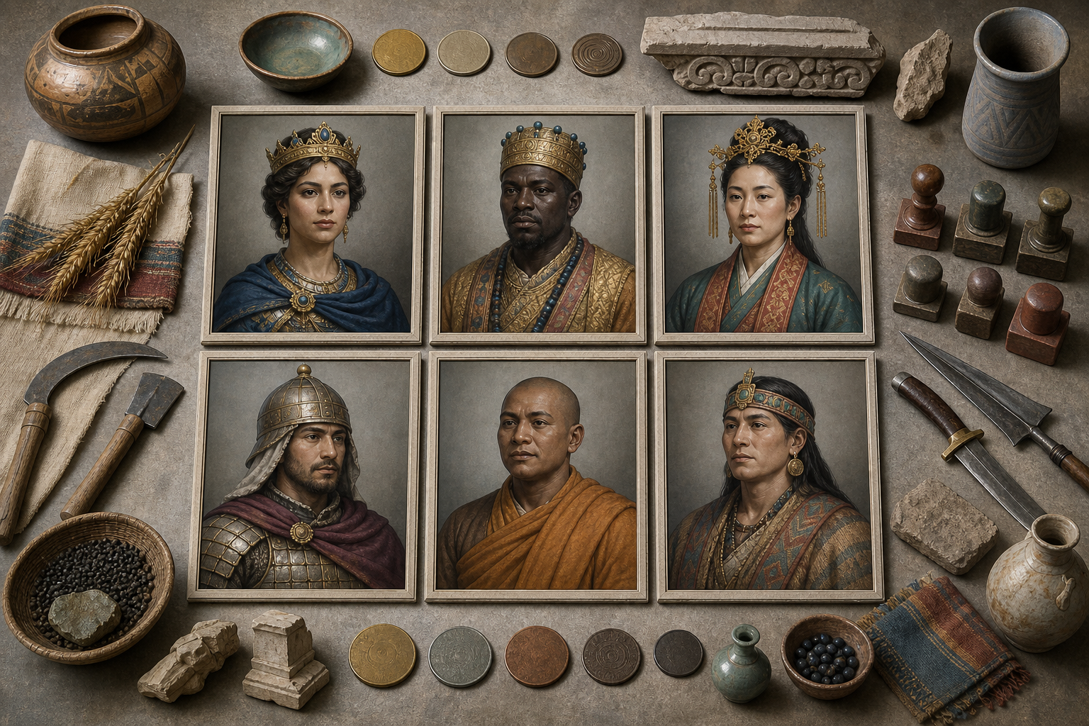Six diverse historical rulers appear in equally sized plain frames beside uniformly arranged coins, tools, seals, weapons, and trade objects.