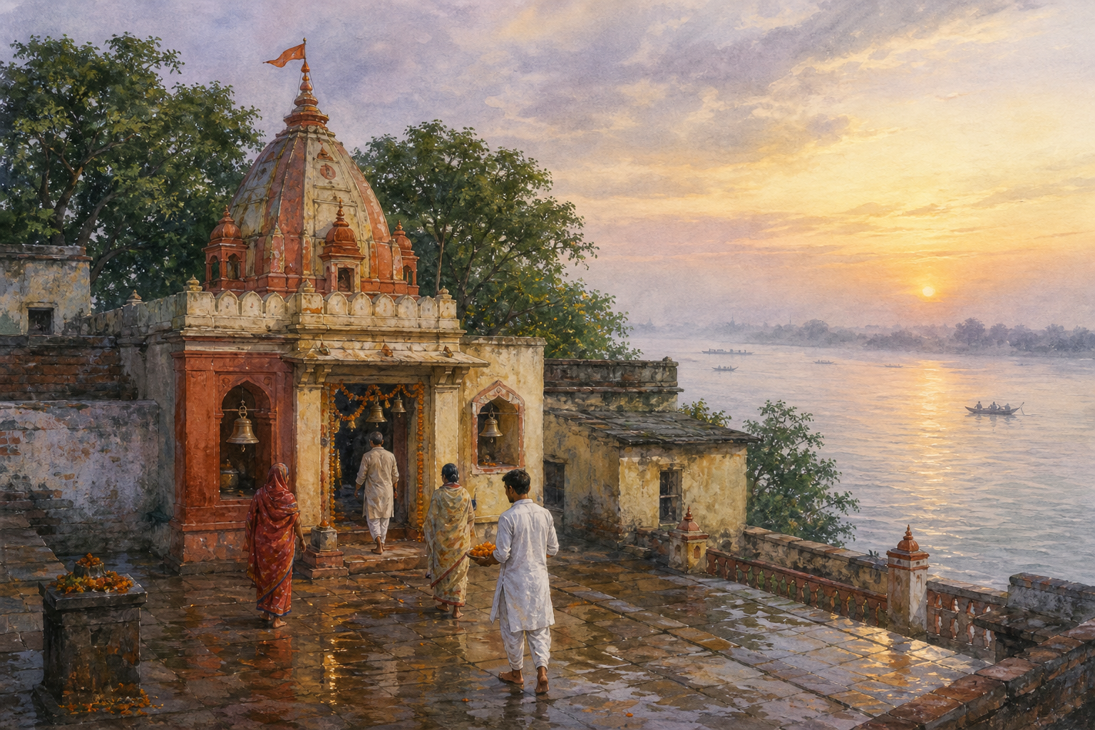 Pilgrims approach a modest riverside Hindu temple in Prayagraj as dawn light spreads across the Ganga.
