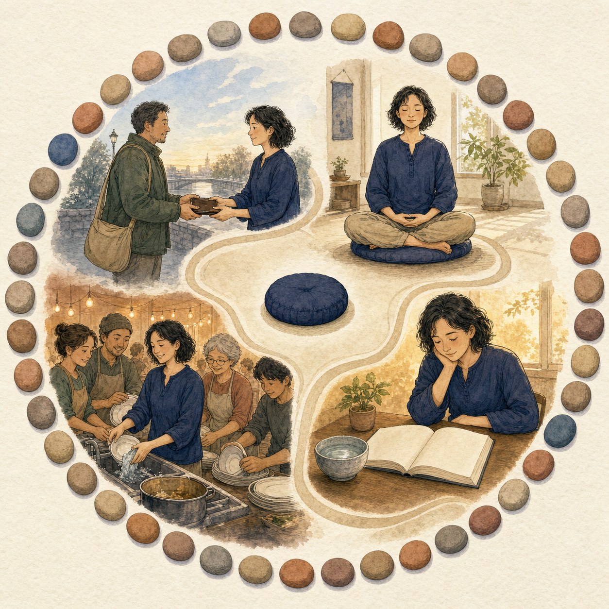 A ring of small clay stones surrounds scenes of one person practicing honesty, meditation, reflection, and community service at different times of day.