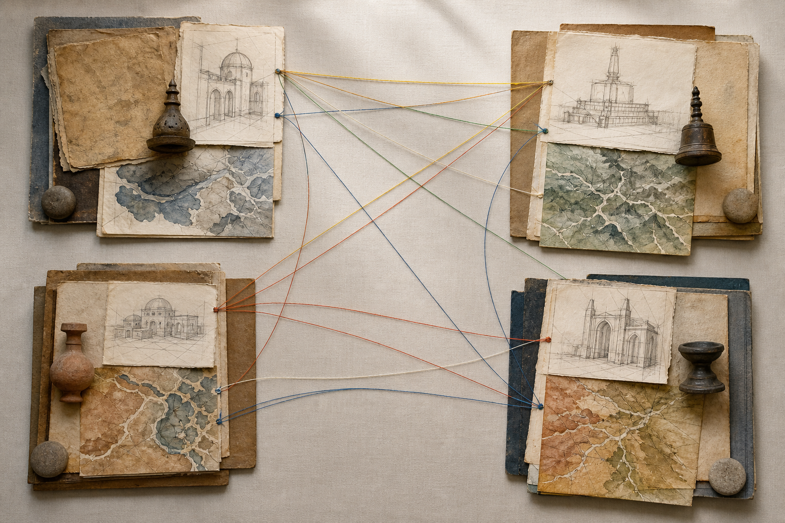 Four distinct groups of manuscripts, object studies, architectural drawings, and unlabeled maps are connected by colored threads on a research table.