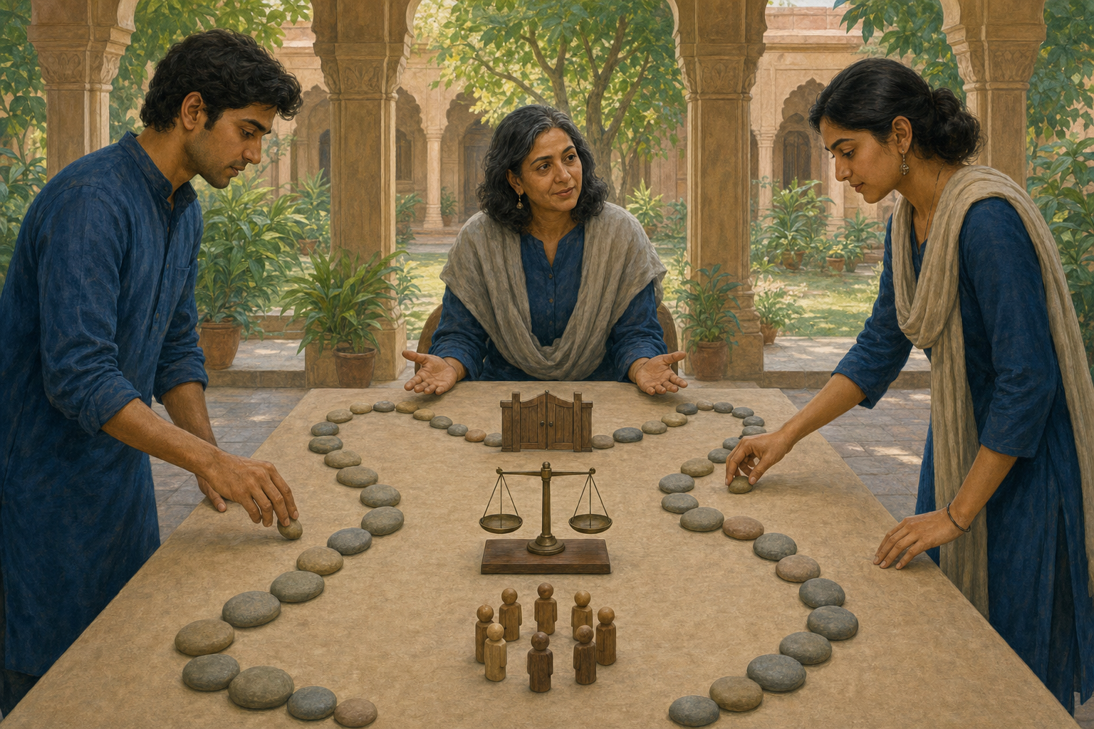 Two learners present different stone paths around symbolic obstacles while a facilitator listens equally to both explanations.