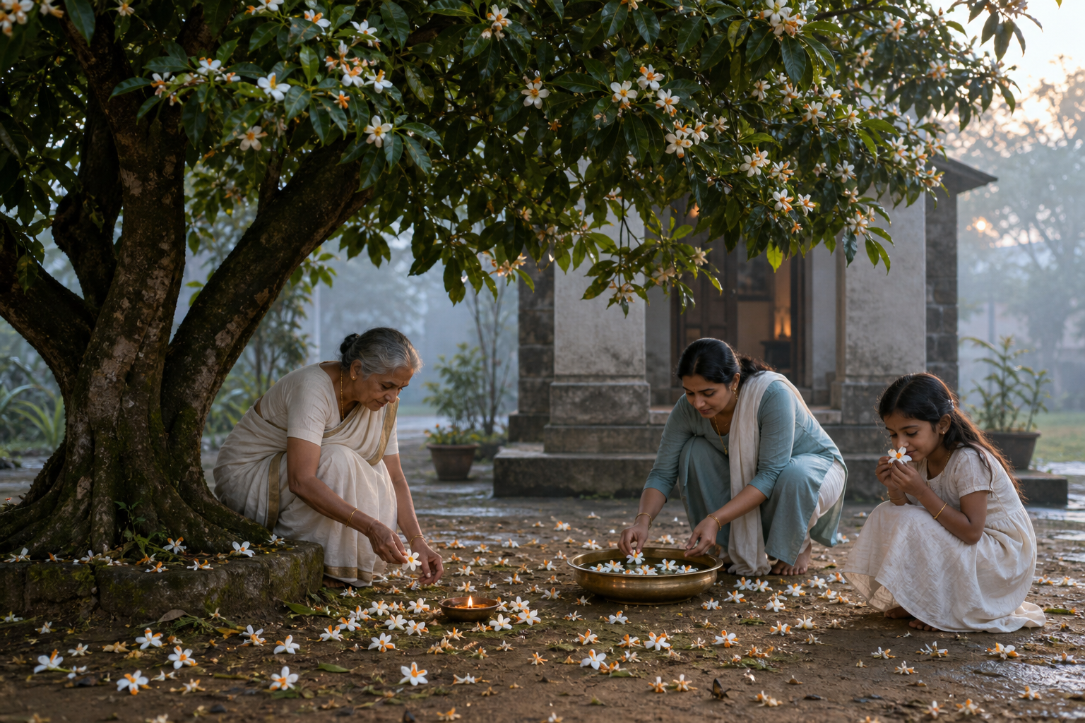 A family gathers fallen Parijata flowers at dawn in a courtyard, placing a few near a lamp and in water while leaving others beneath the living tree.