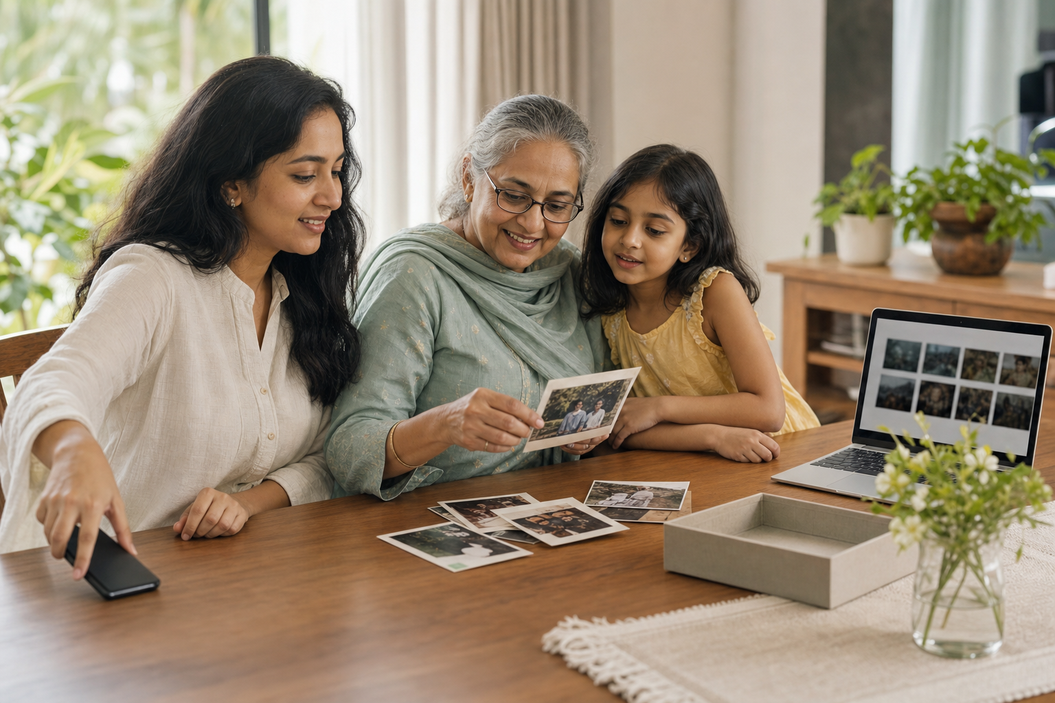 Three generations of a family sort photographs together at a table while a laptop displays an unlabeled grid of image thumbnails.