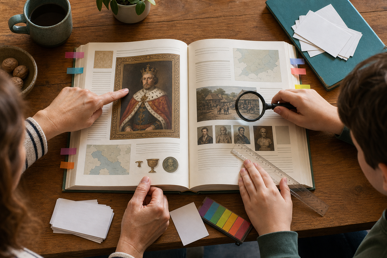 A parent and student use tabs, a ruler, and a magnifying glass to compare portraits and community scenes in an open history textbook.