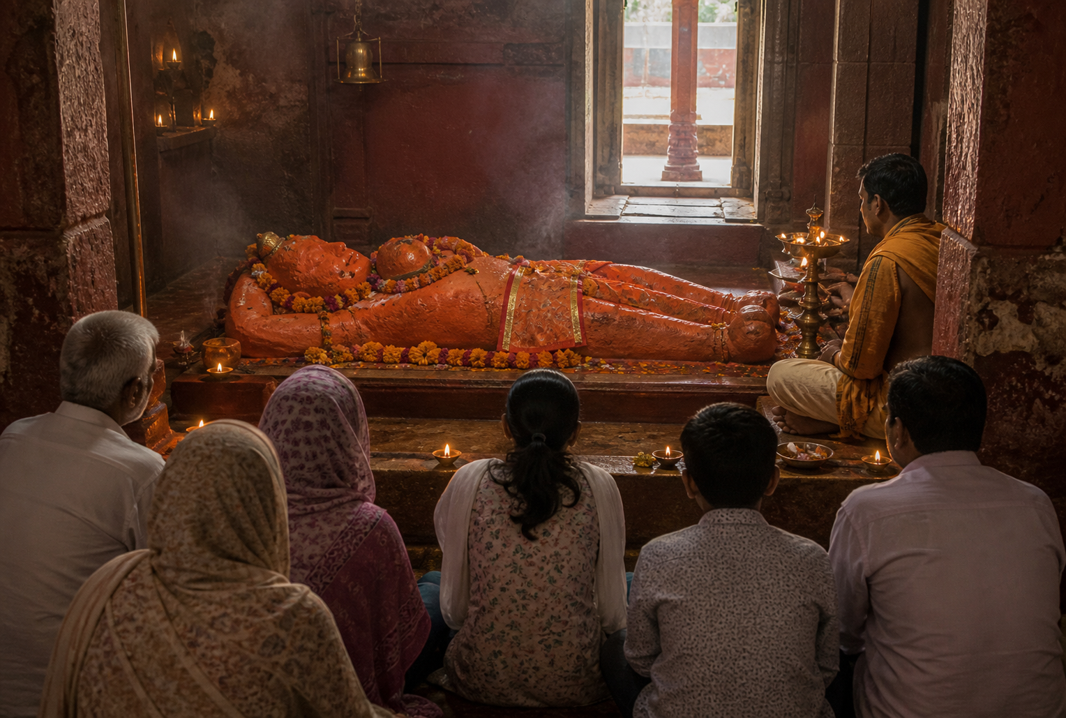 Pilgrims view a vermilion-covered reclining Hanuman murti inside a small sanctum lit by an oil lamp.