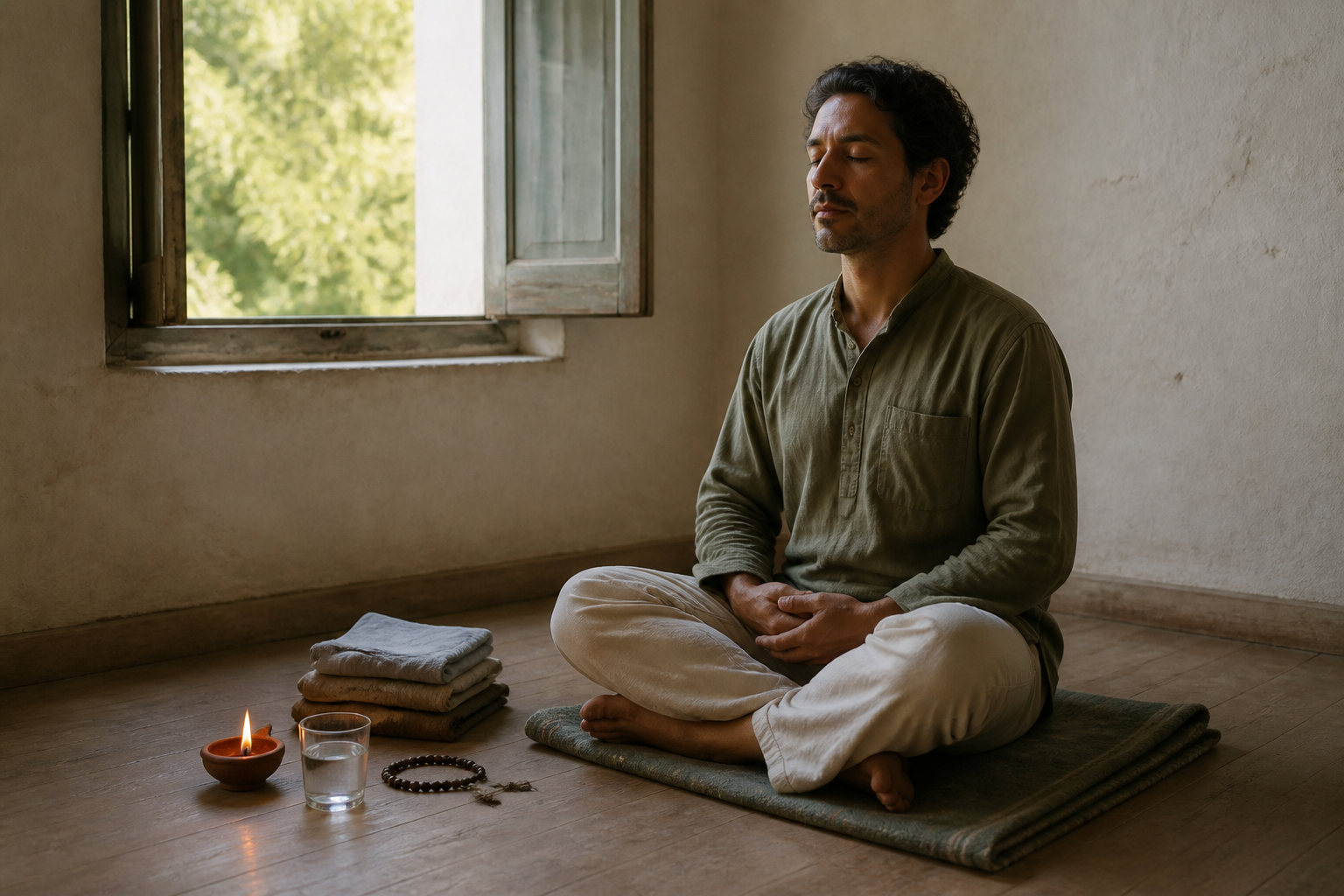 A relaxed practitioner sits on a folded blanket near a sunlit window with prayer beads, a clay lamp, and a cup of water nearby.