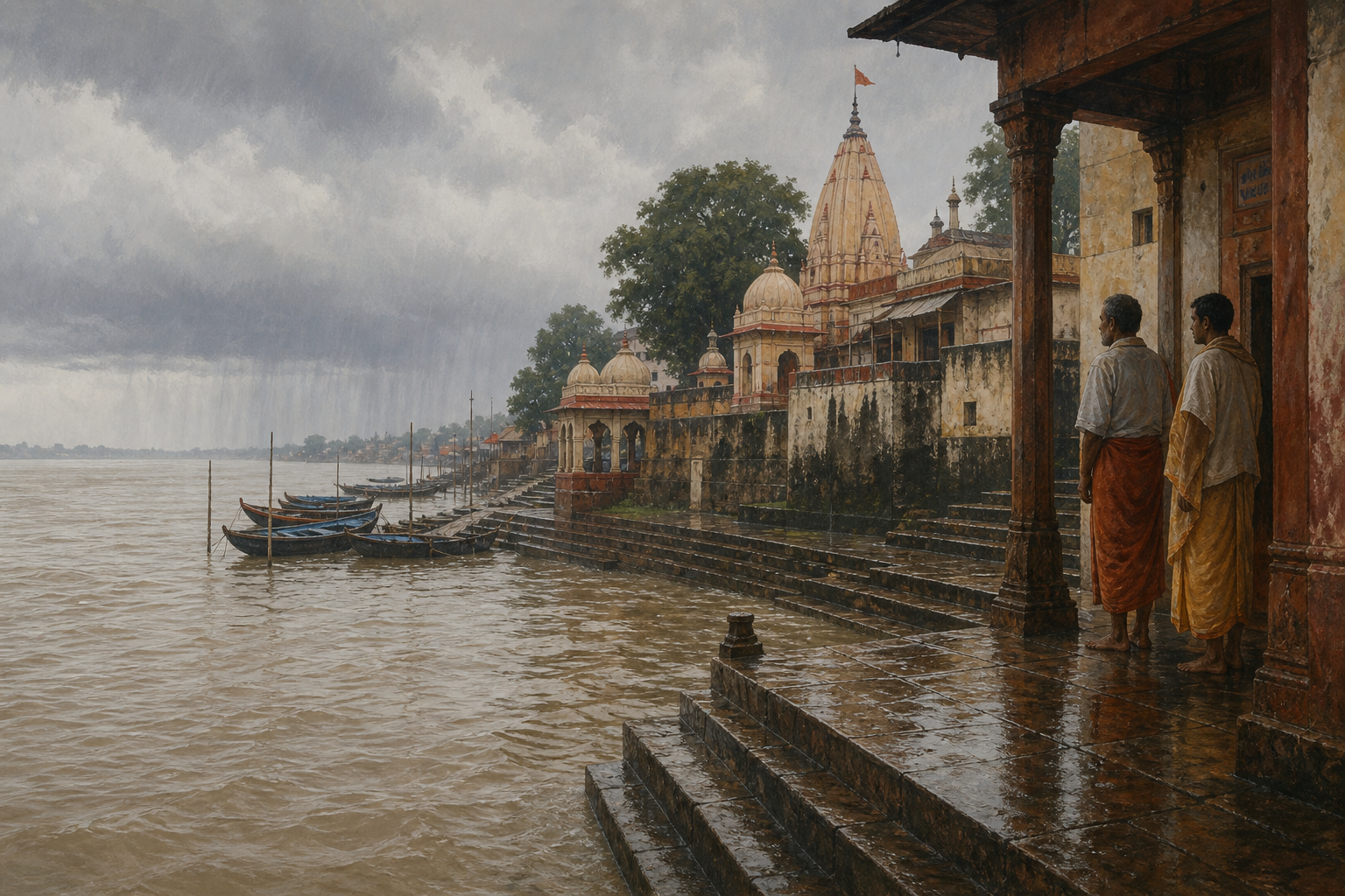 High monsoon water from the Ganga reaches wet stone steps beside the temple precinct under rain-filled clouds.