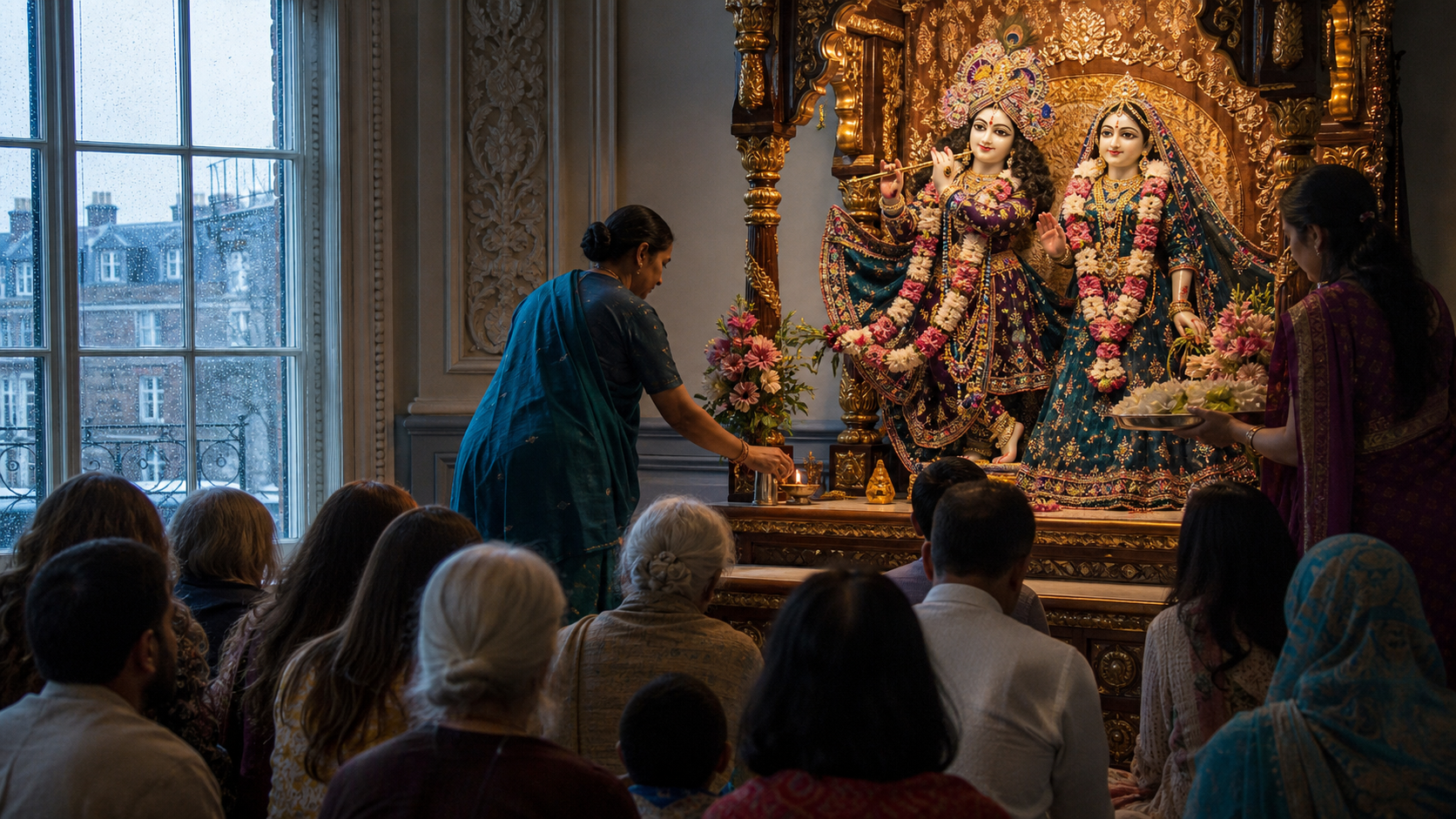 Devotees sit before a flower-garlanded Radha-Krishna altar while volunteers offer a lamp and flowers inside a historic London temple.