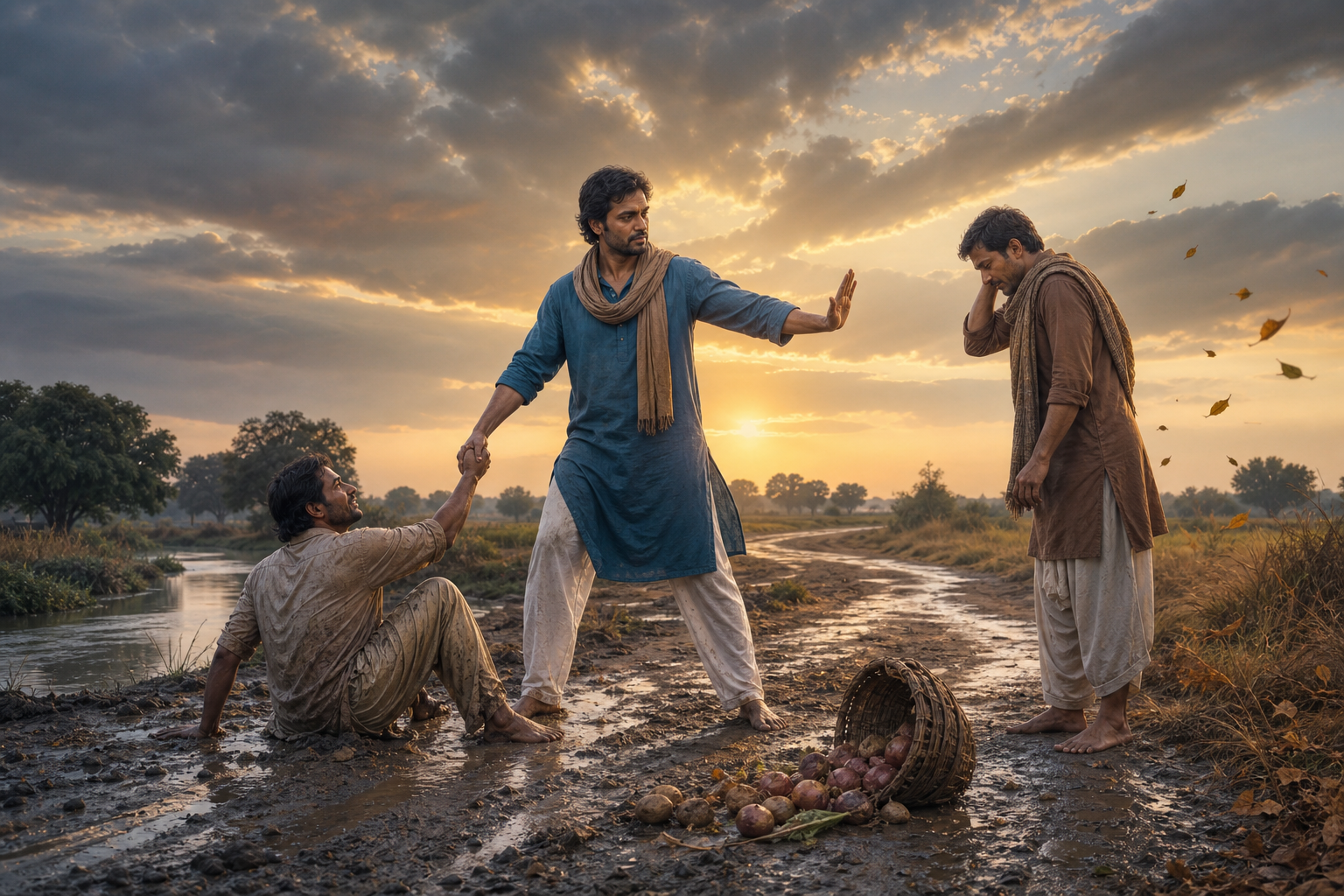 A calm adult helps one person up from a muddy path while signaling another person to stop beside a scattered basket at sunrise.