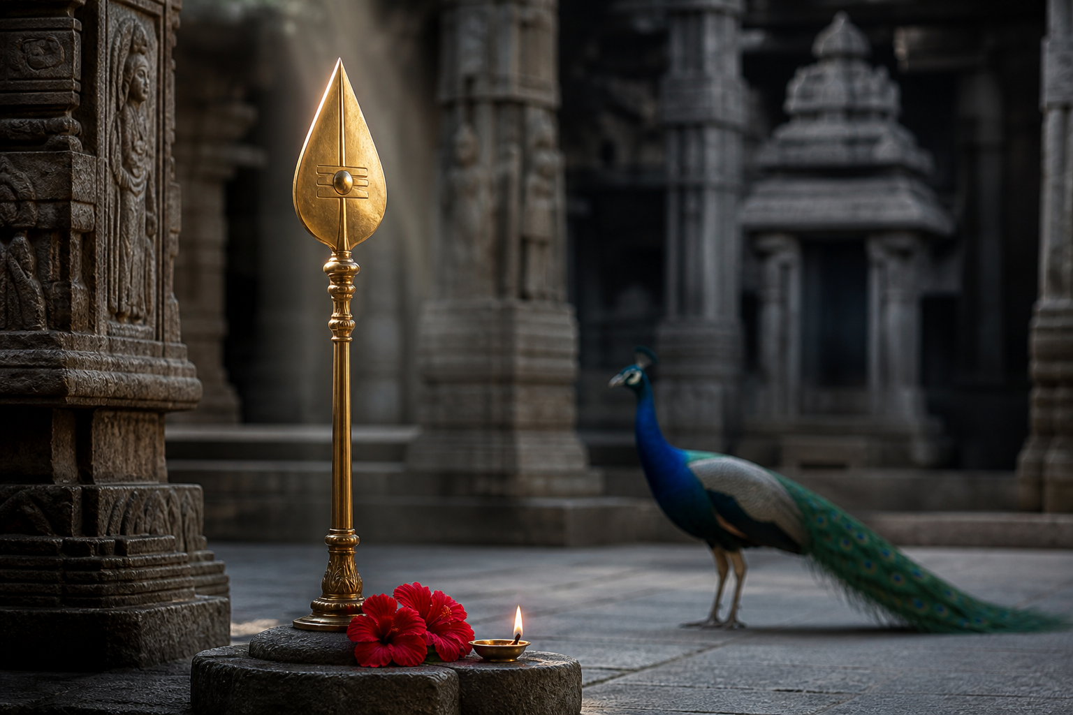A brass vel stands in a stone temple courtyard with red flowers, a small oil lamp, and a peacock behind it.