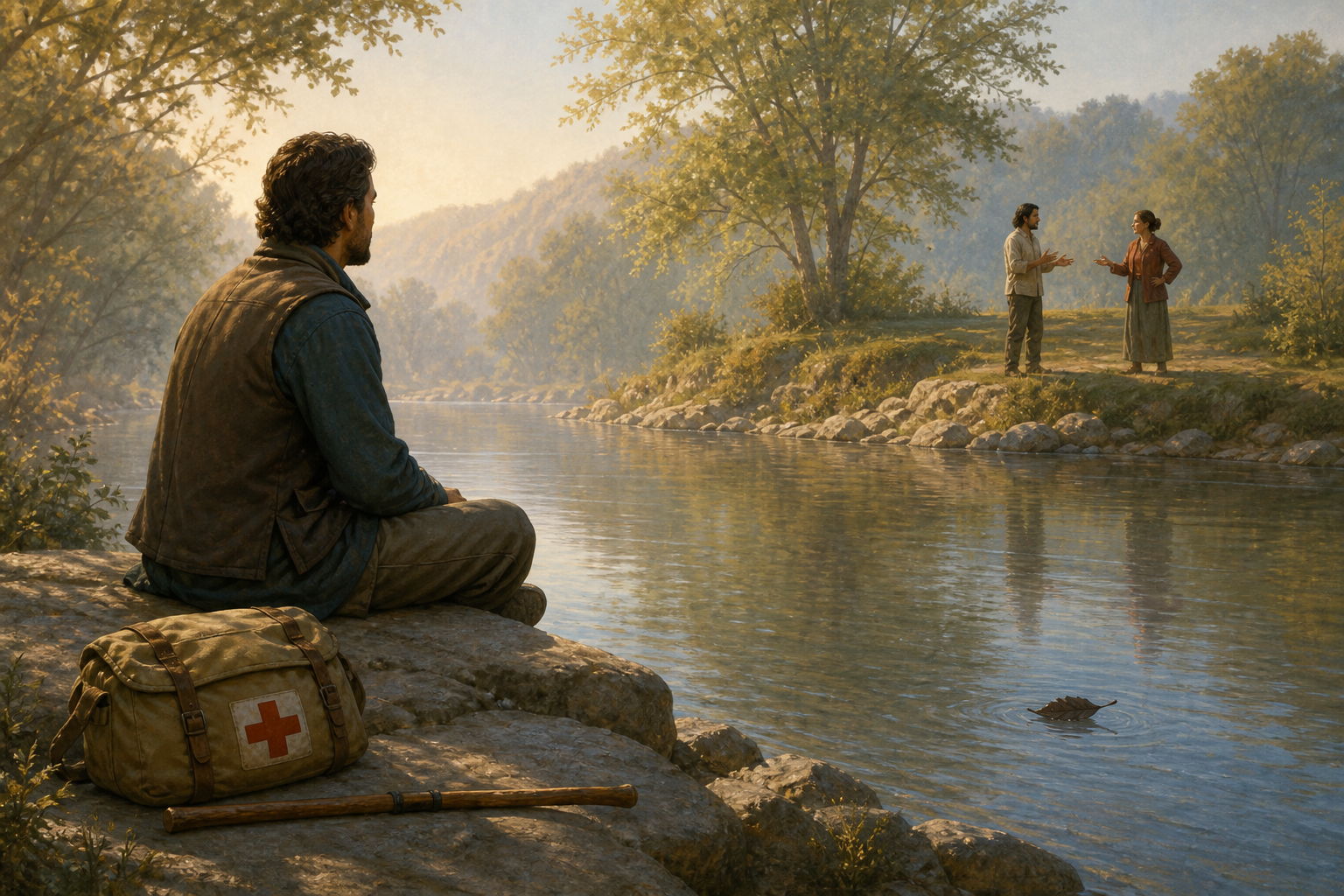 A person watches a leaf drift along a river while two people face each other on the opposite bank and a first-aid bundle rests nearby.