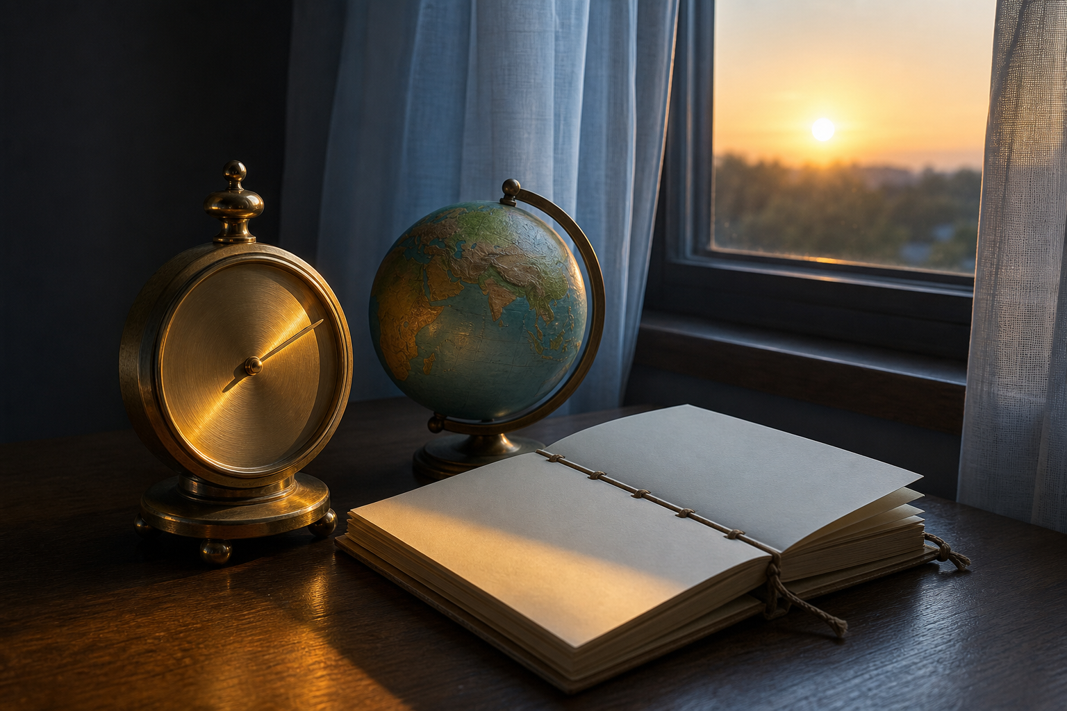 Brass clock, unmarked globe, and blank almanac booklet illuminated by sunrise near a window.