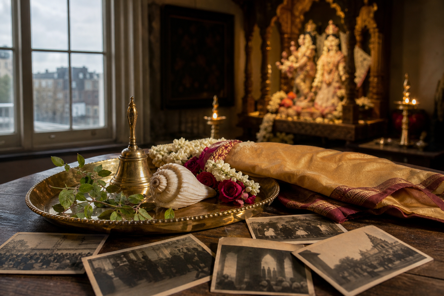 Ceremonial cloth, flower garlands, brass worship items and old photographs rest on a table with a Radha-Krishna altar in the background.
