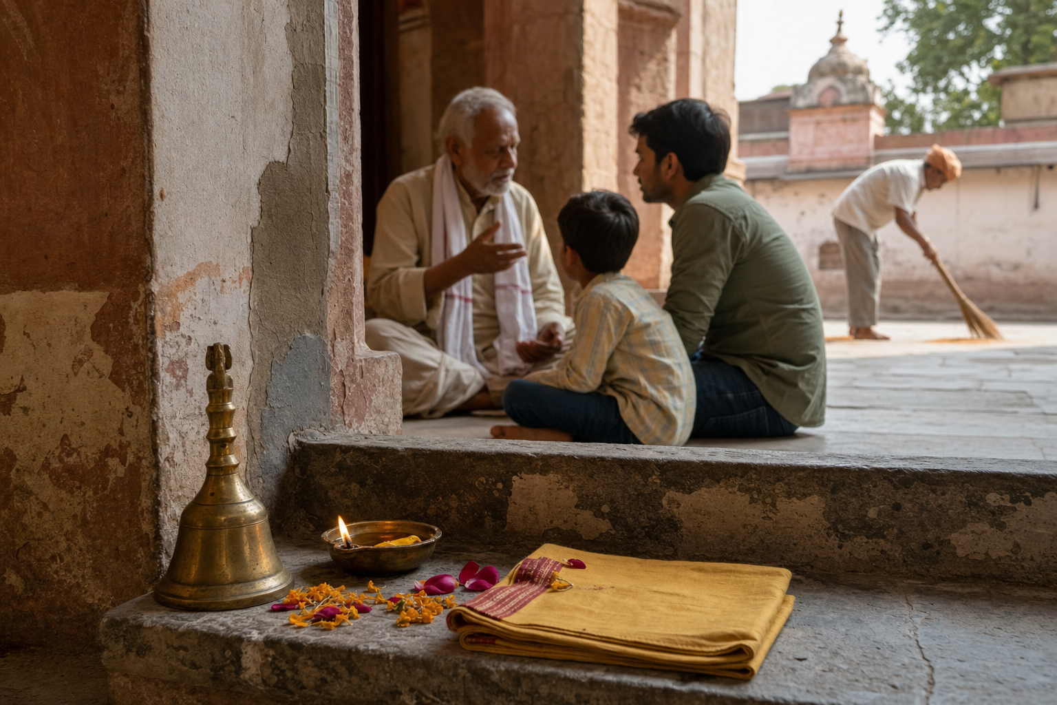 A worn temple threshold, repaired plaster, brass ritual objects, and three generations of devotees illustrate material heritage and oral memory.