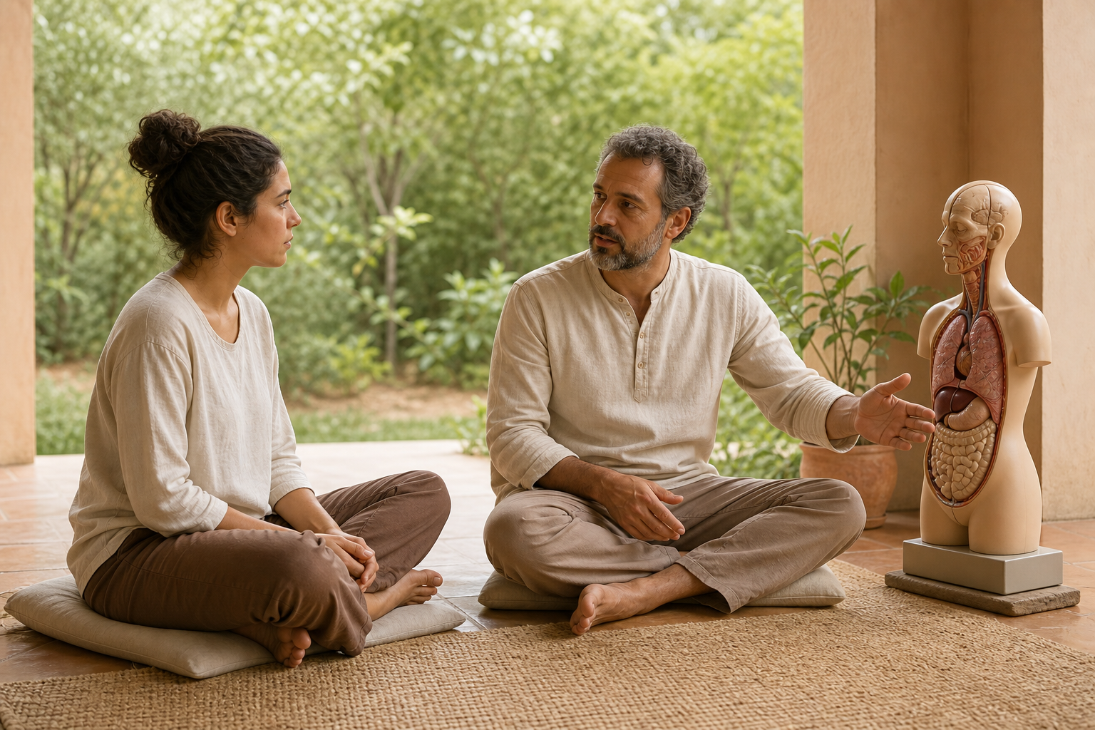 A yoga student and an experienced teacher speak on a shaded veranda beside an unlabeled anatomical torso model.