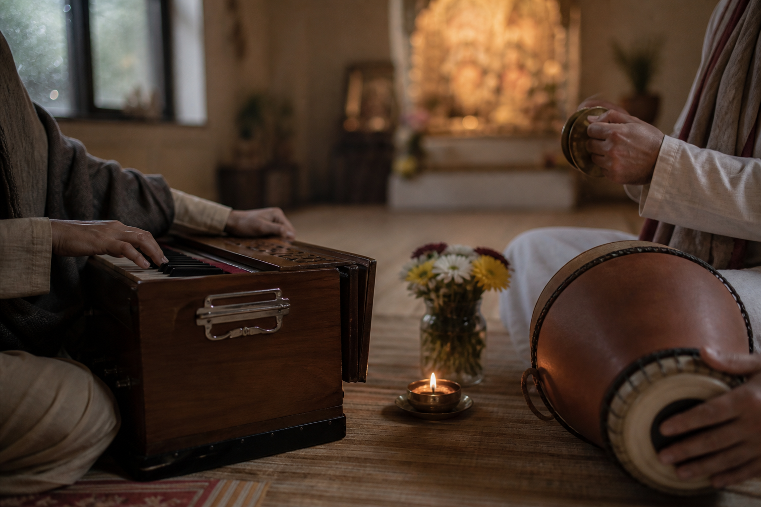 Devotees' hands play a harmonium, hand cymbals and a drum beside flowers and an oil lamp in a temple room.