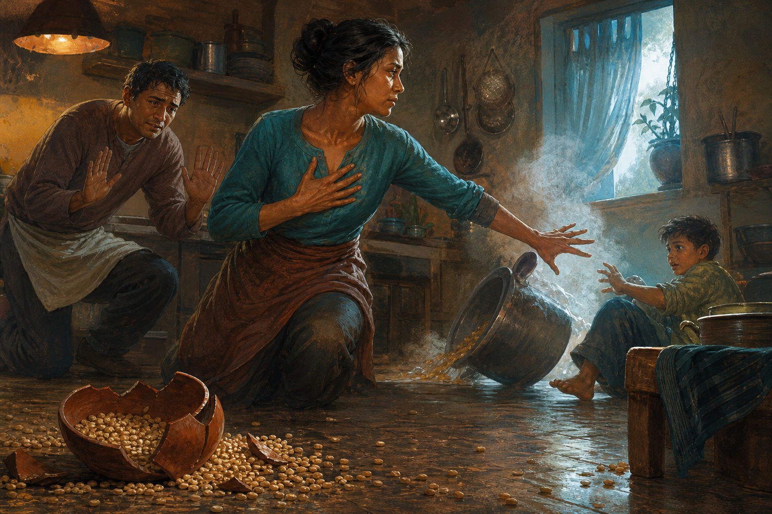 An adult pauses beside spilled grain and a broken bowl while reaching to steady a hot pot near a child in a community kitchen.