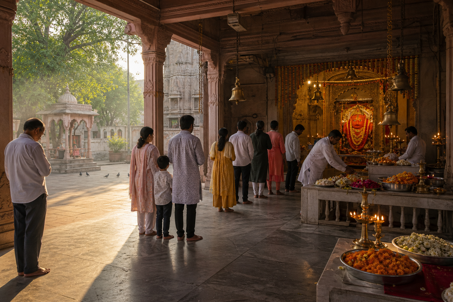 A short morning queue of pilgrims approaches the sanctum while attendants prepare lamps and flower offerings.
