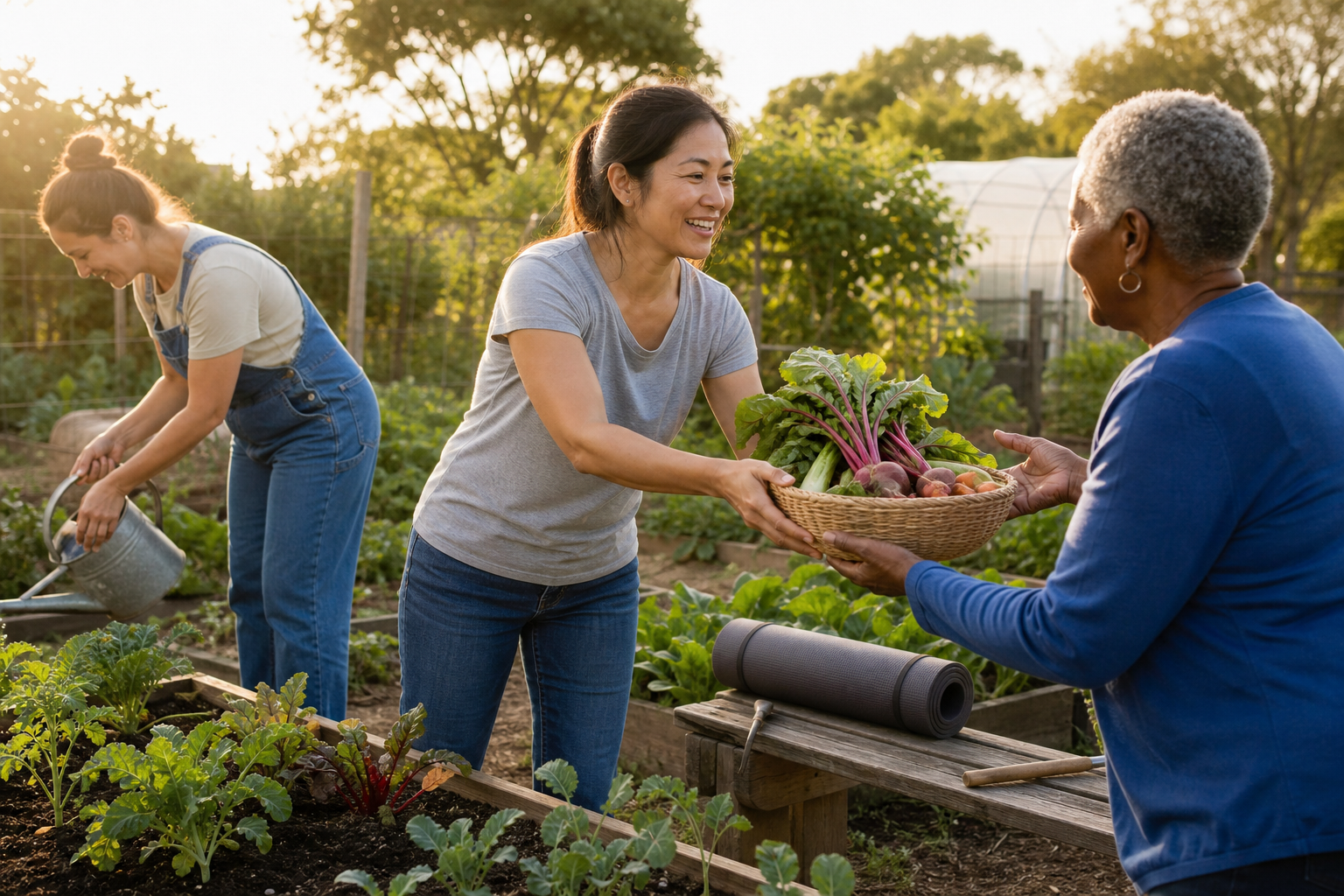 Three people work together in a community garden as one person hands a basket of vegetables to an older neighbor.