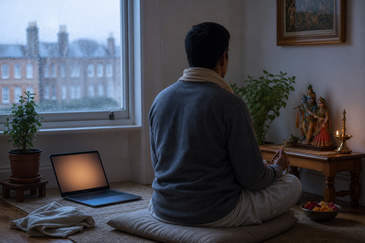 A devotee holds prayer beads before a small Radha-Krishna home altar as dawn light enters a London room.