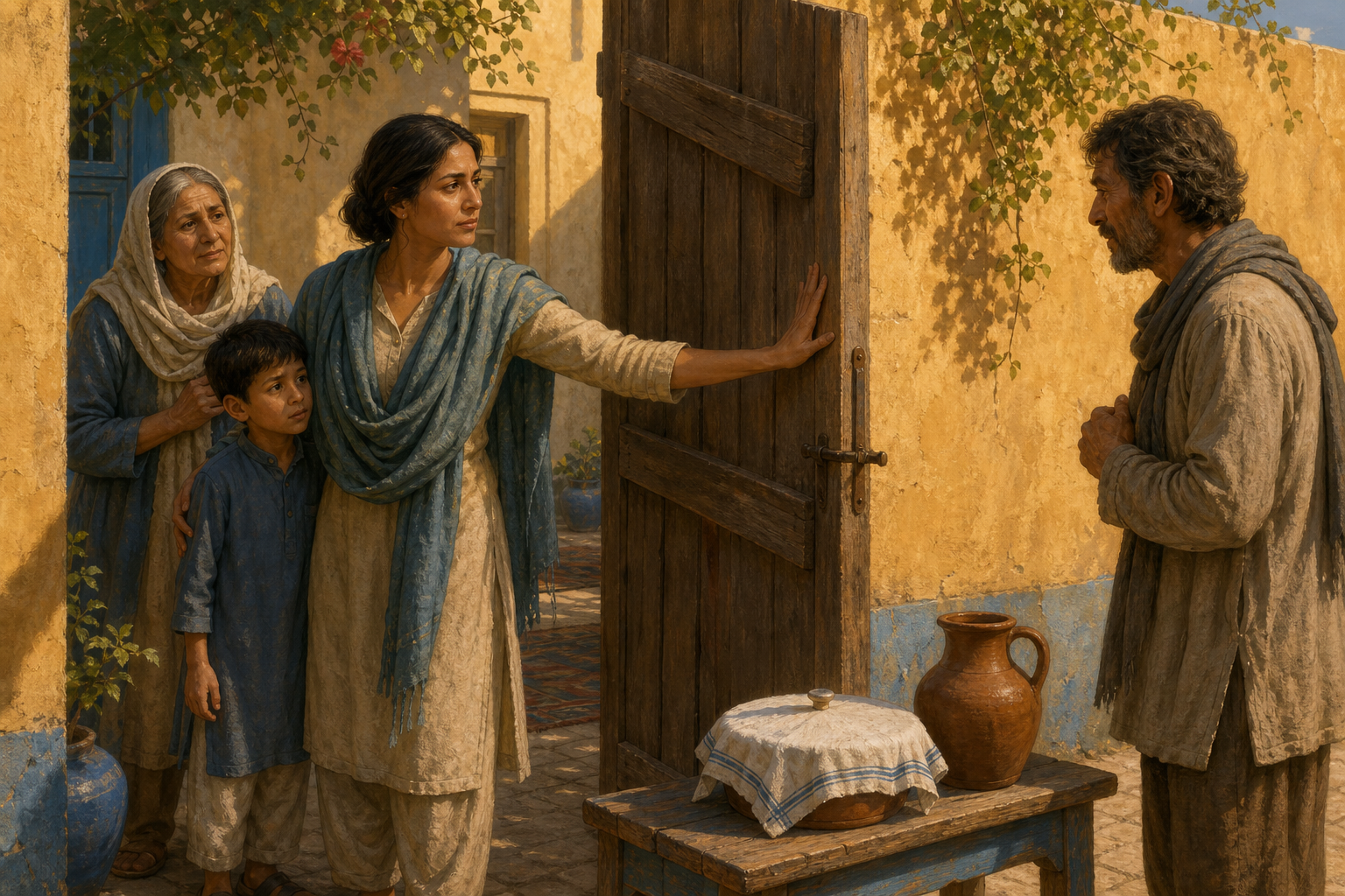 An adult closes a courtyard gate to an agitated neighbor while leaving a covered meal and water on a bench outside.