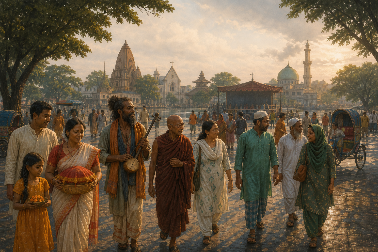 People from several religious and cultural communities walk together into a sunlit public square with places of worship and a music stage in the background.