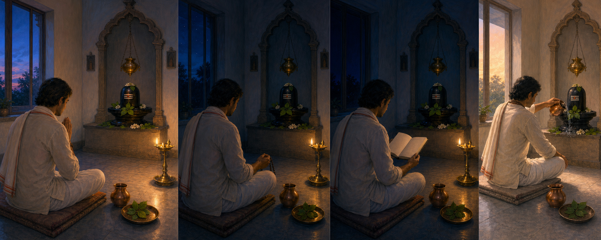 Four views of the same home shrine show a devotee praying from evening through deep night and into the first light before dawn.
