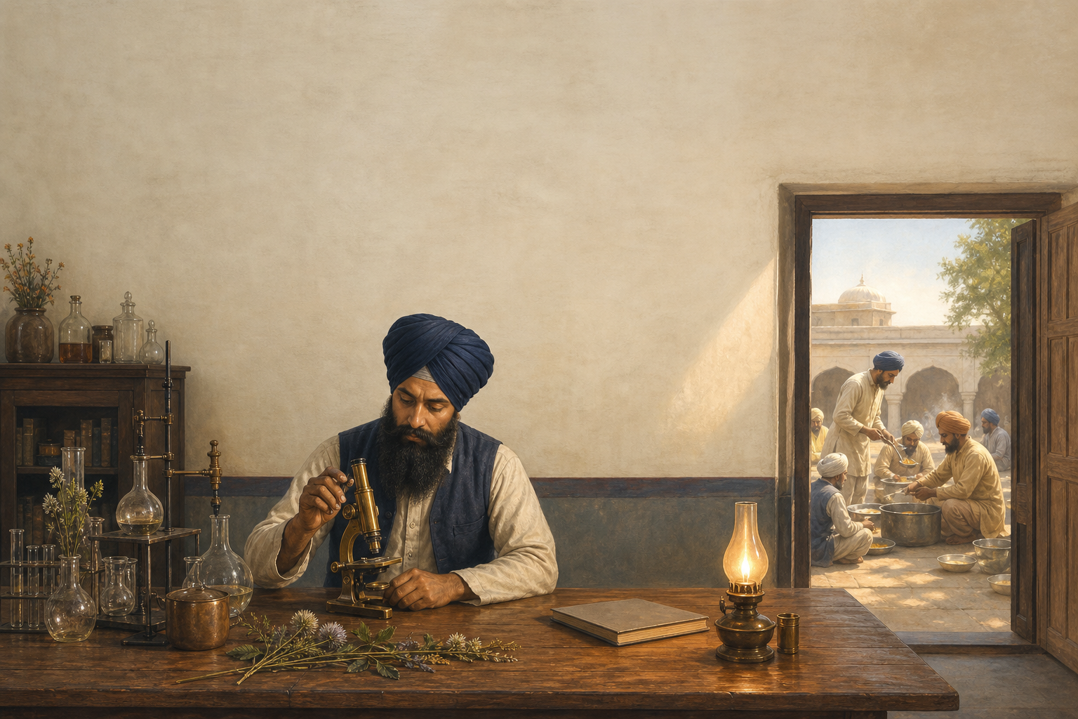 A turbaned Sikh scholar works with a brass microscope in a period laboratory-study while volunteers serve a communal meal in the courtyard behind him.