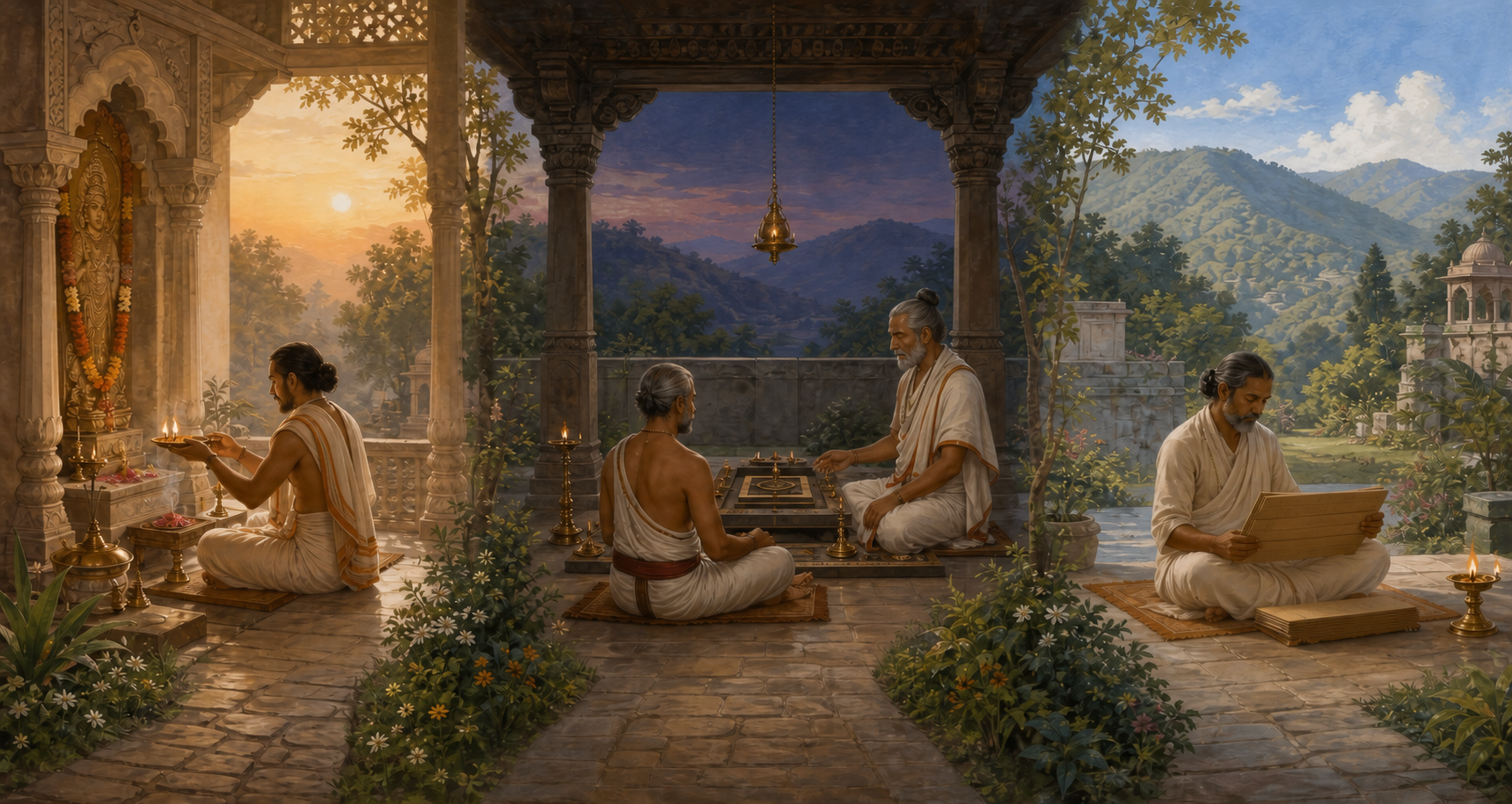 Three equally emphasized spiritual settings show devotional worship at a household shrine, a guided private ritual, and study with meditation in an open pavilion.