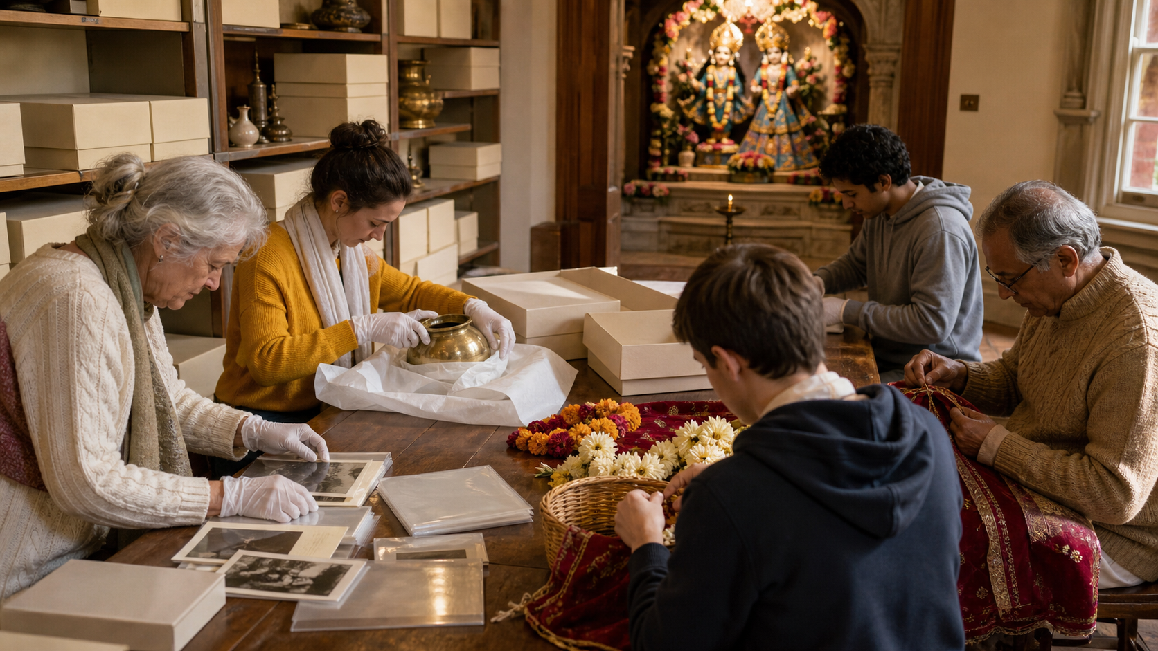 Older and younger temple volunteers preserve photographs, ritual objects and devotional cloth while preparing flower garlands together.