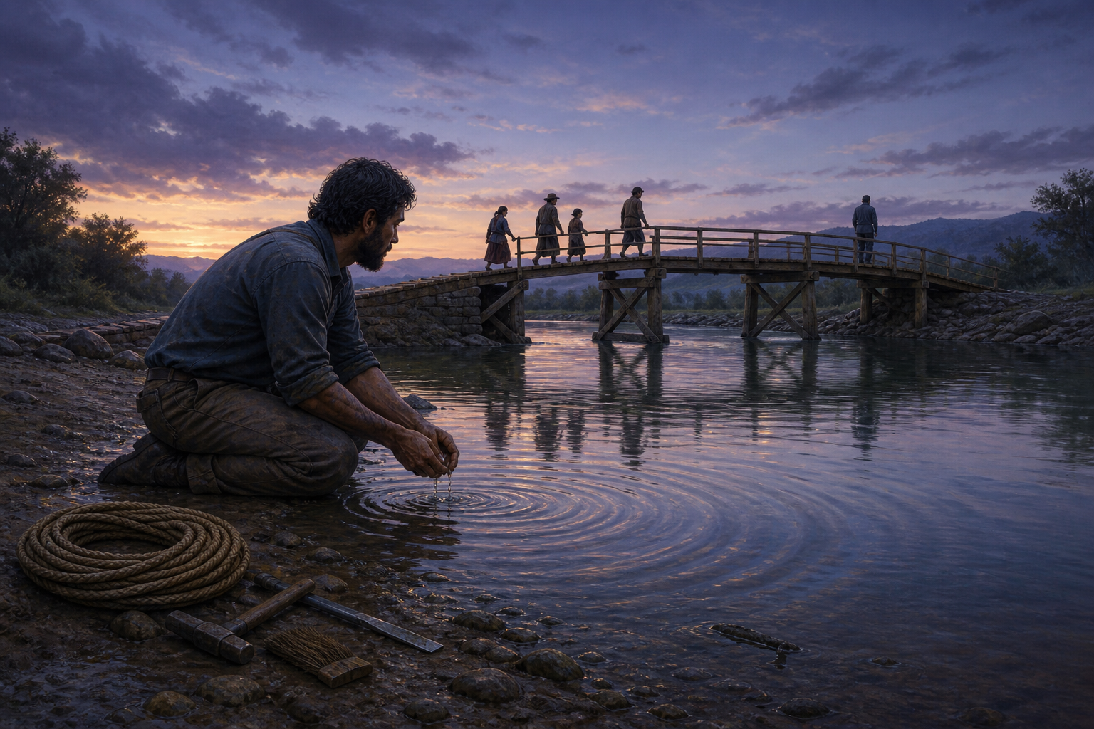 A muddy worker rinses their hands beside a repaired footbridge as villagers cross and ripples fade across the river at dusk.