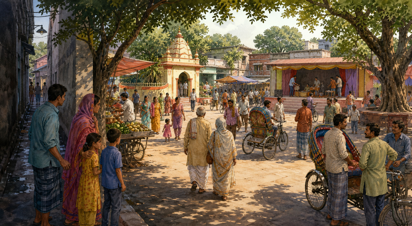 Residents shop, gather, worship, and prepare for a cultural performance in a shared town square while one family pauses at the edge of the crowd.