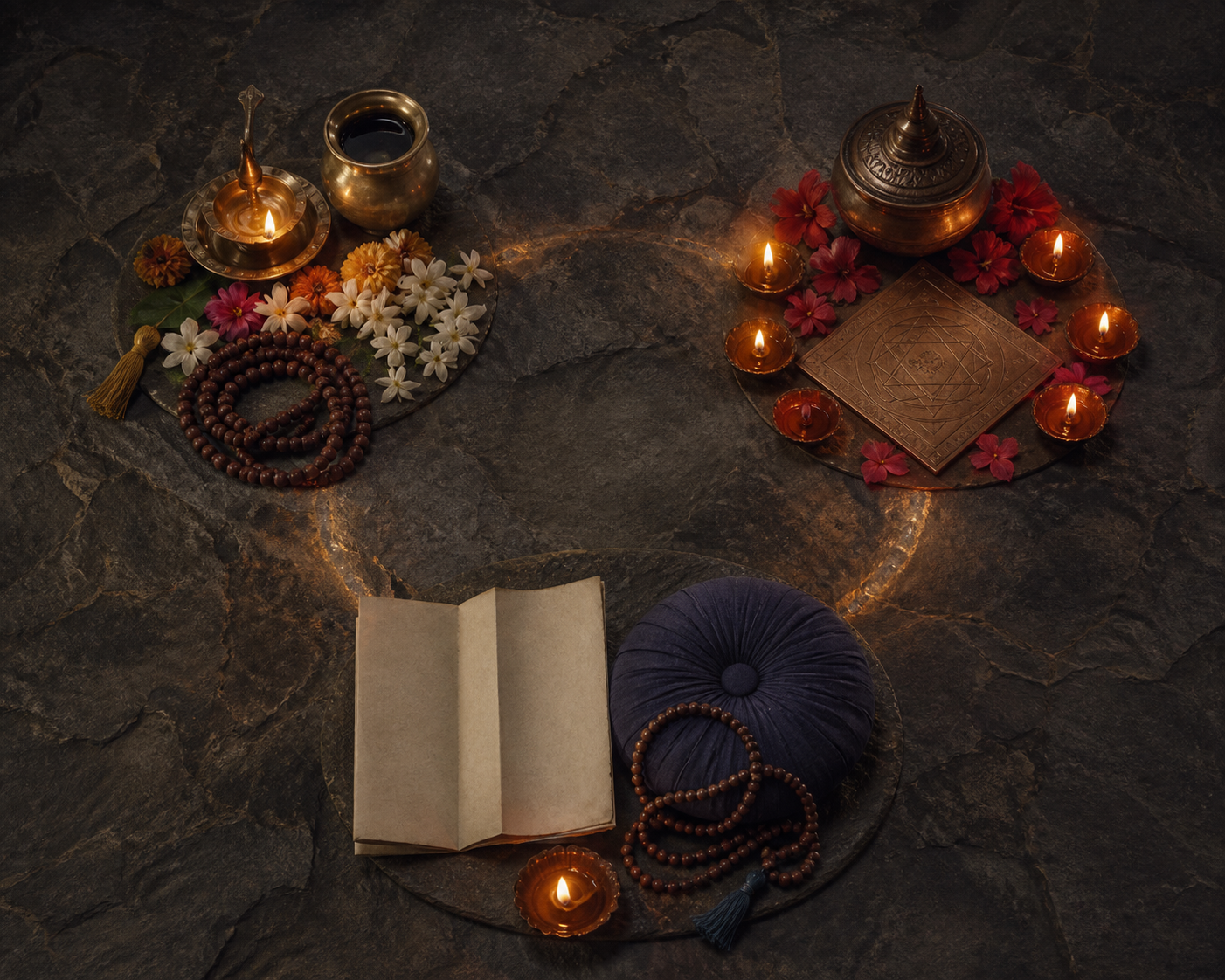 An overhead arrangement separates devotional objects, protected ritual implements, and study and meditation materials into three equally sized groups.