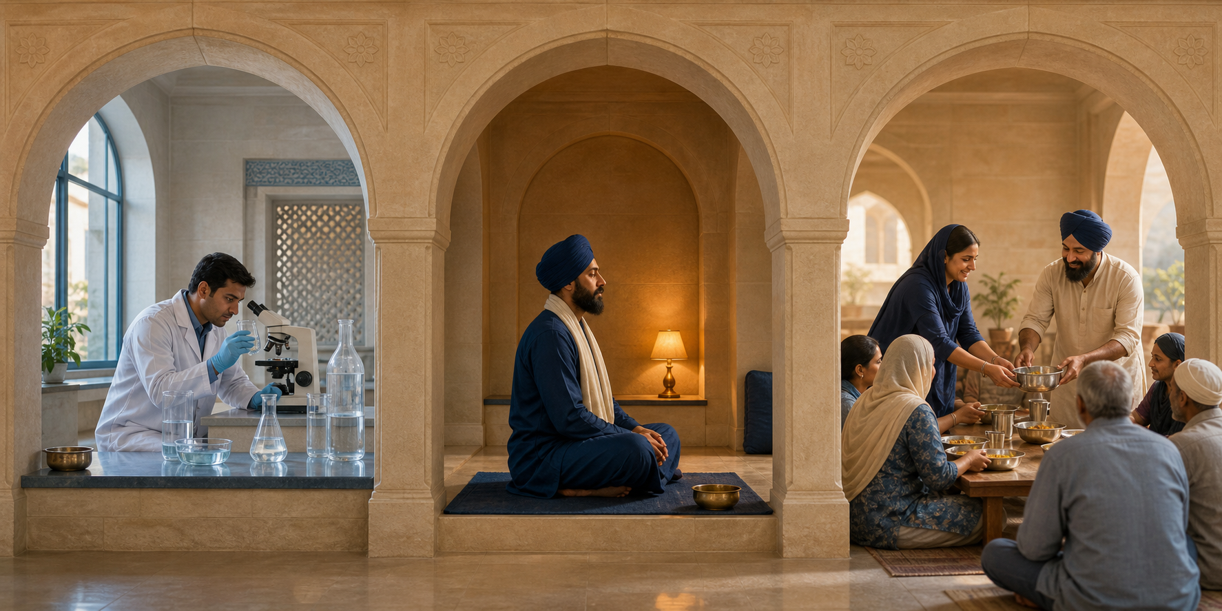 Three connected spaces show a researcher examining a water sample, a Sikh person sitting in contemplation, and volunteers serving a communal meal.