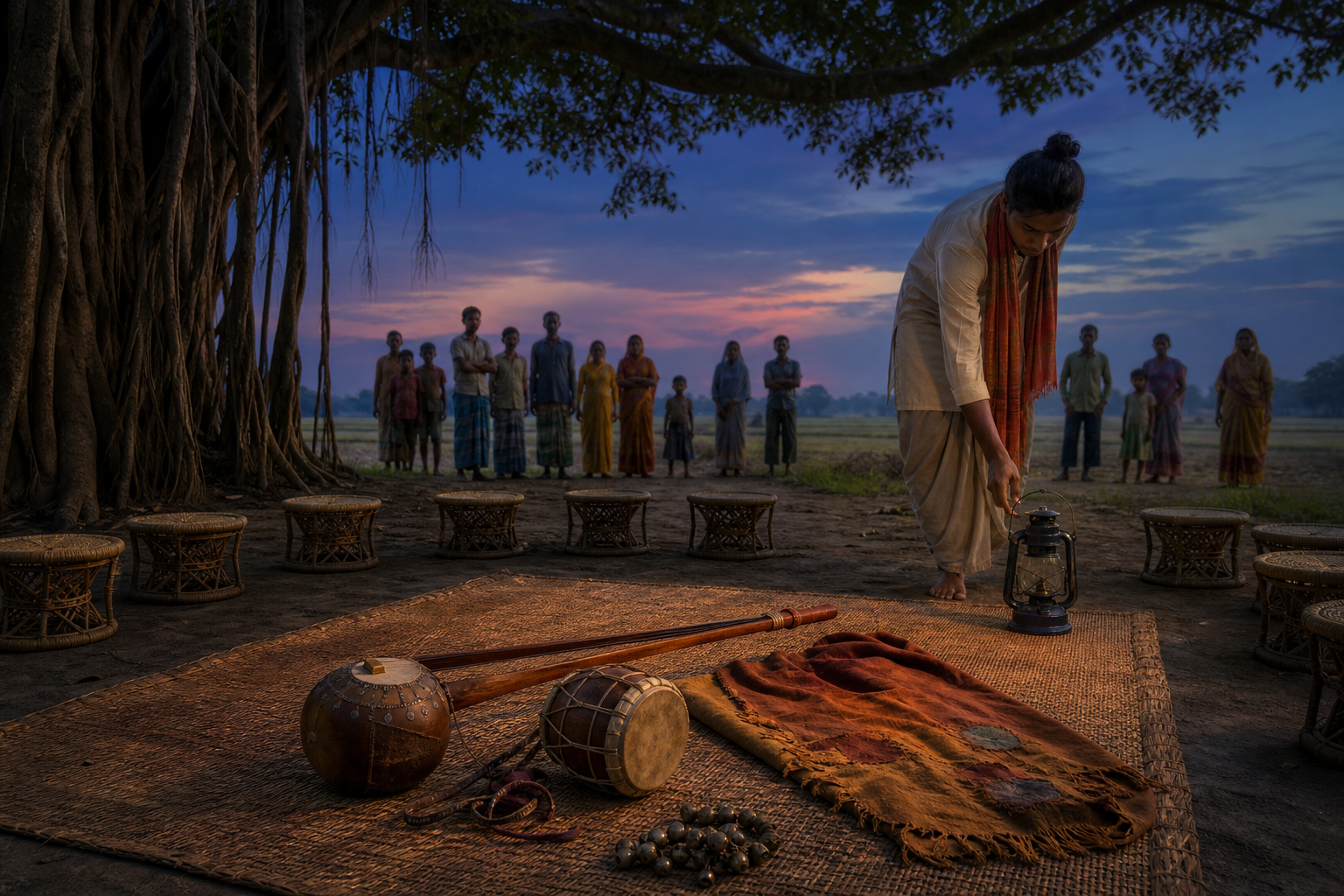 An ektara and drum lie on an empty outdoor Baul stage as villagers watch a young musician approach an extinguished lantern.