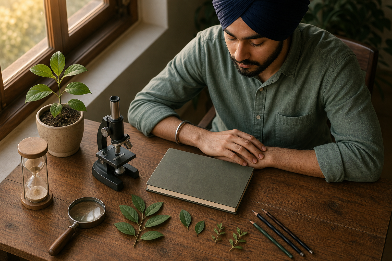 A Sikh student pauses thoughtfully at an orderly desk with a microscope, plant specimens, an hourglass, and a closed notebook.