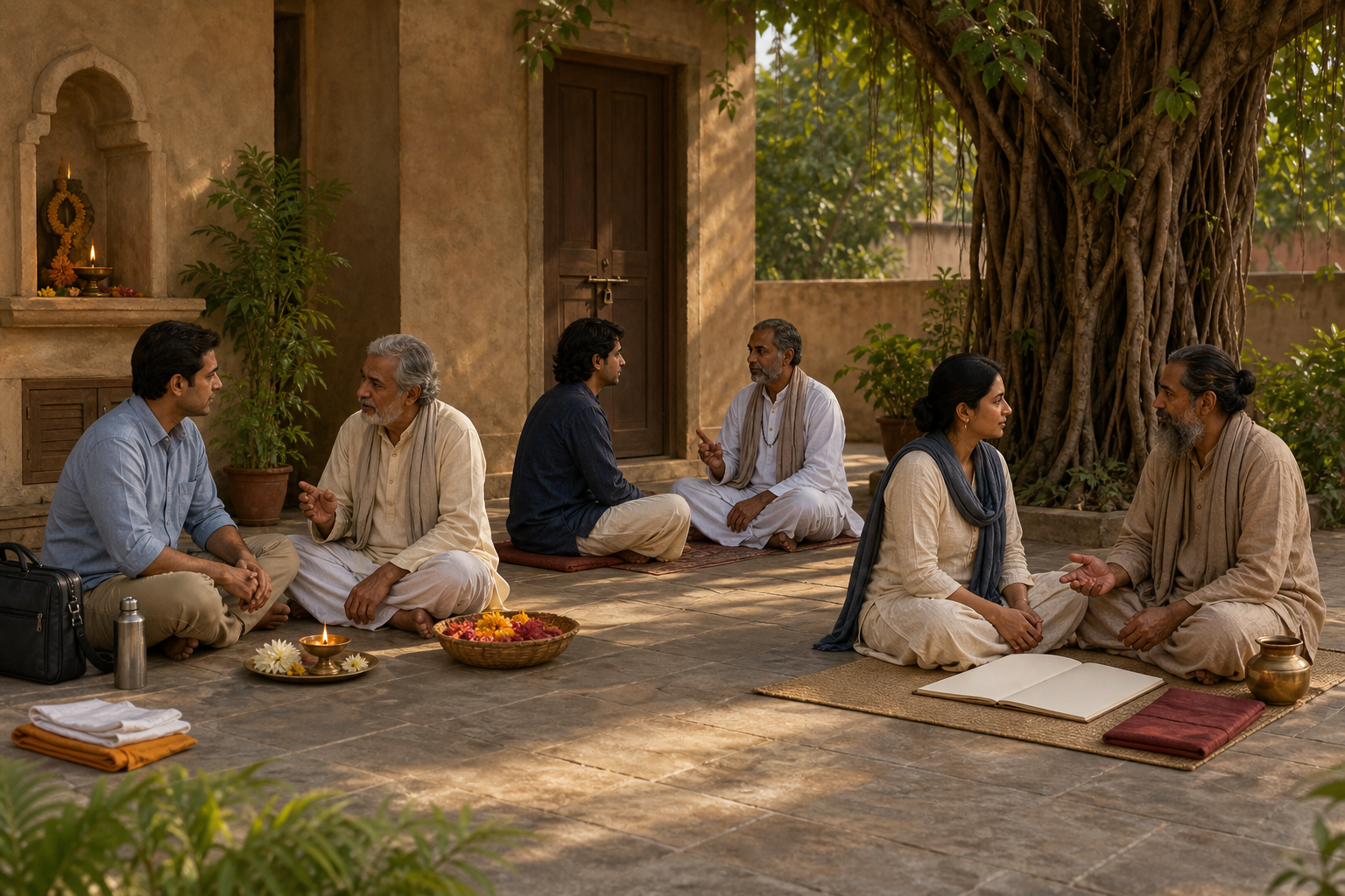 Three adults in an ashram courtyard consult guides about household worship, supervised ritual practice, and contemplative study.