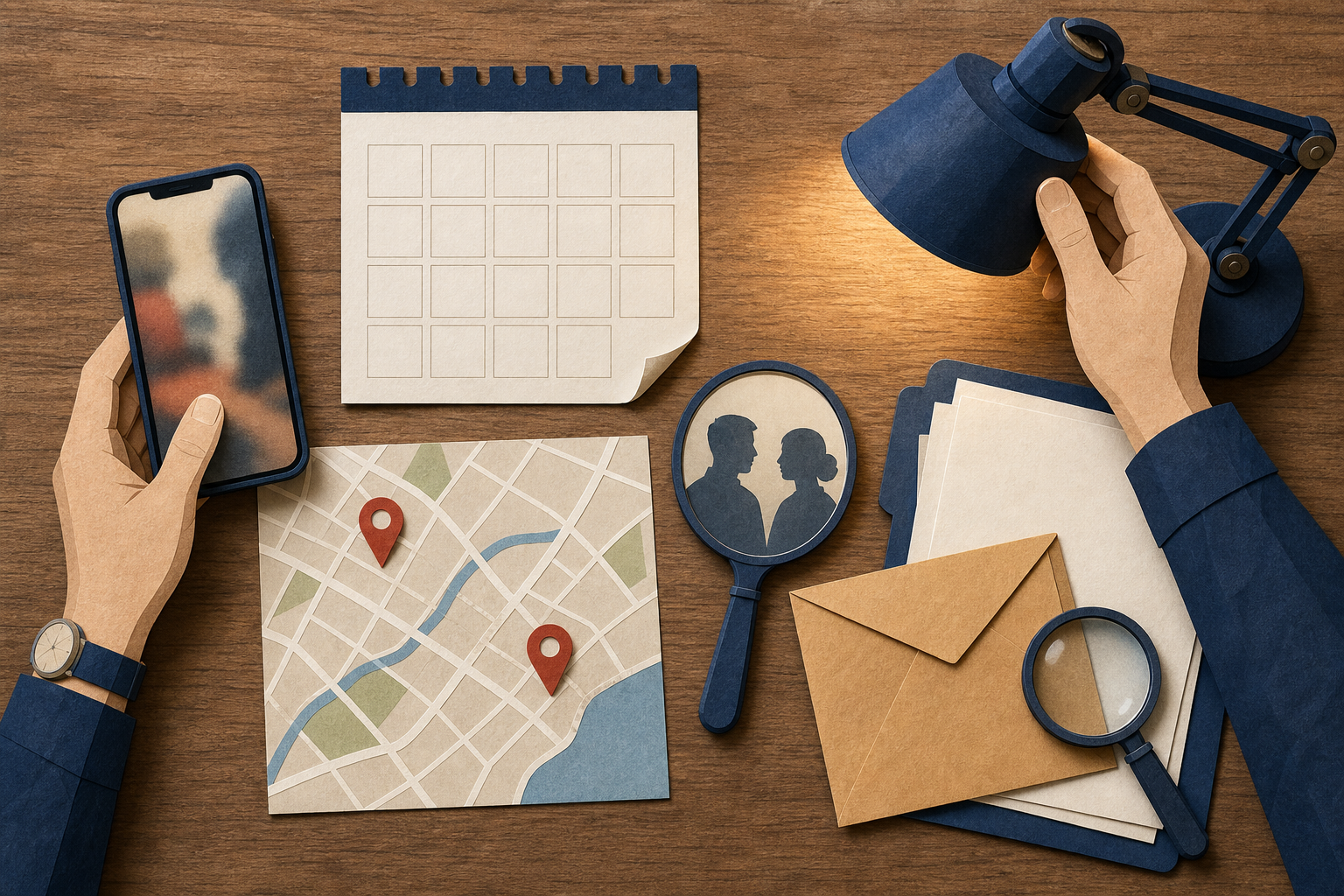 Five groups of verification tools, including a phone, calendar, map, witness mirror, and evidence folder, are examined on a wooden table.