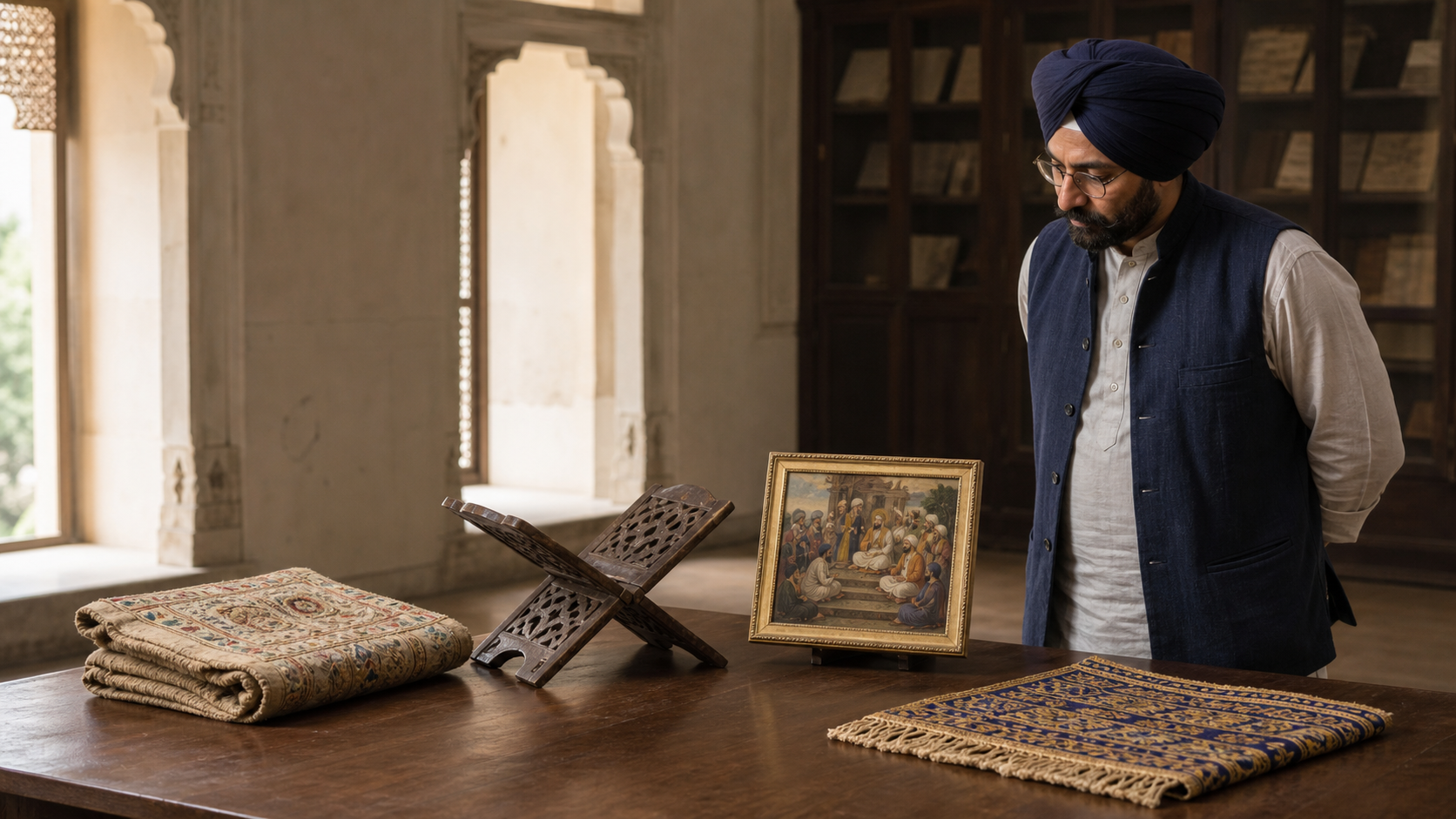 A turbaned museum researcher examines a protected manuscript, a carved wooden stand, a framed Sikh painting, and an embroidered textile in an art study room.